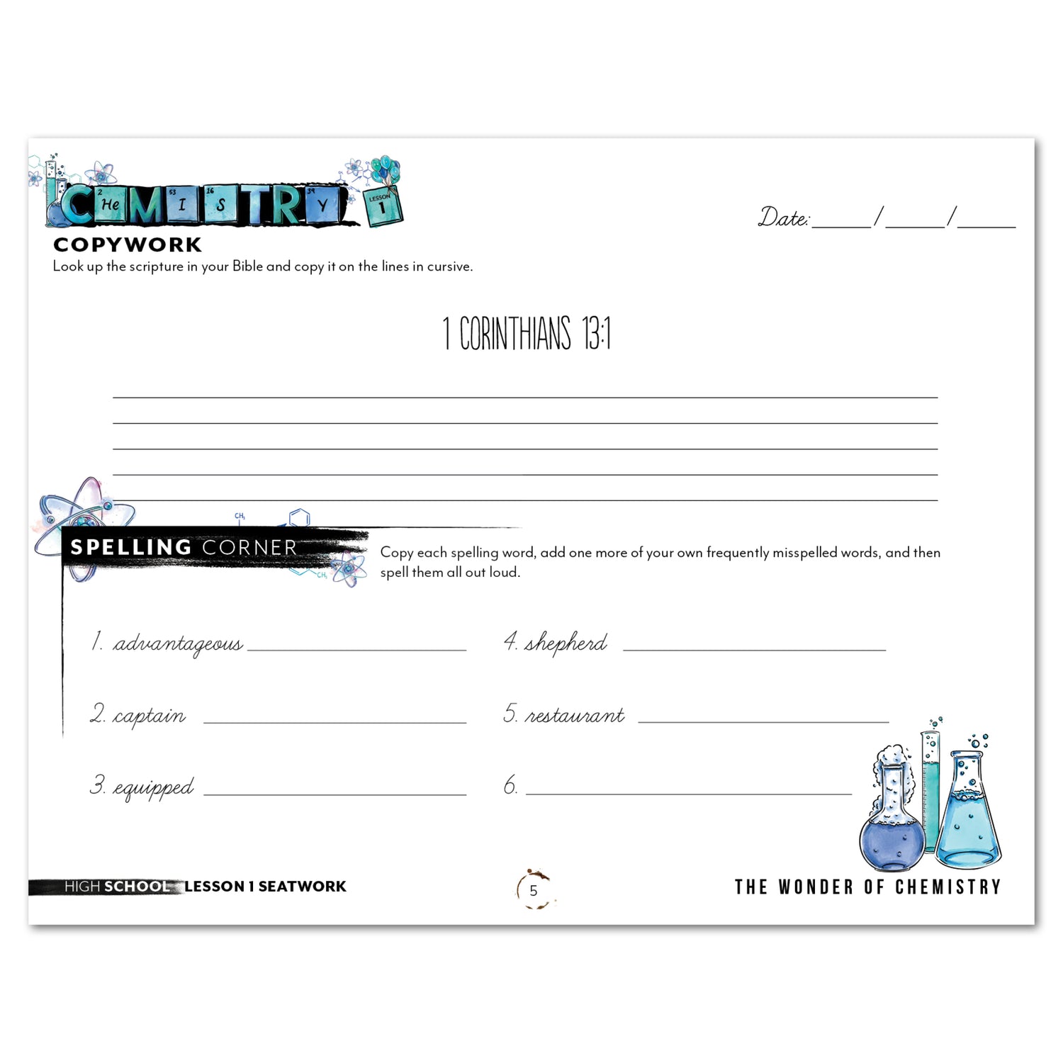 Chemistry Homeschool Unit Study Printed Seatwork Journal Cursive High School Copywork and Spelling Corner