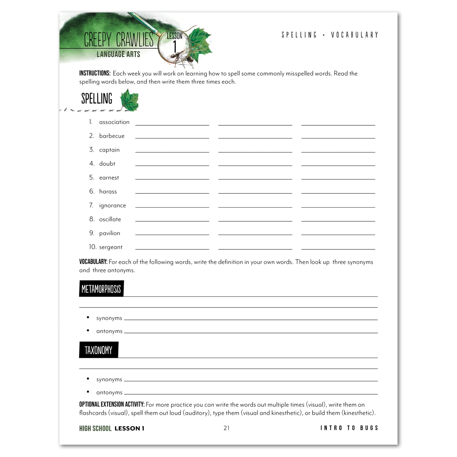 Creepy Crawlies Homeschool Unit Study Digital High School Student Book Lesson 1 Spelling and Vocabulary