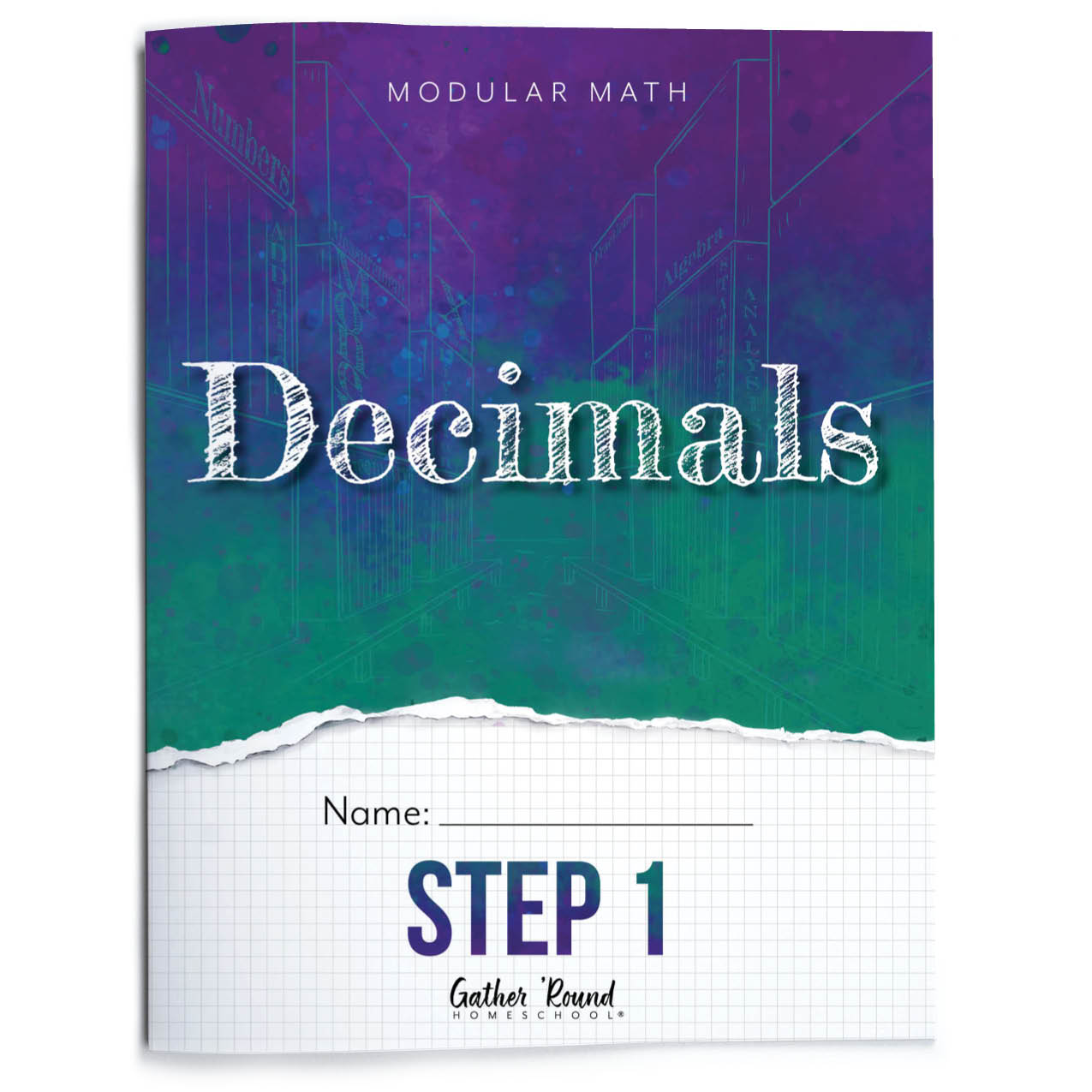 Math workbook cover titled 'Decimals' with a colorful gradient background and 'Modular Math' branding.
