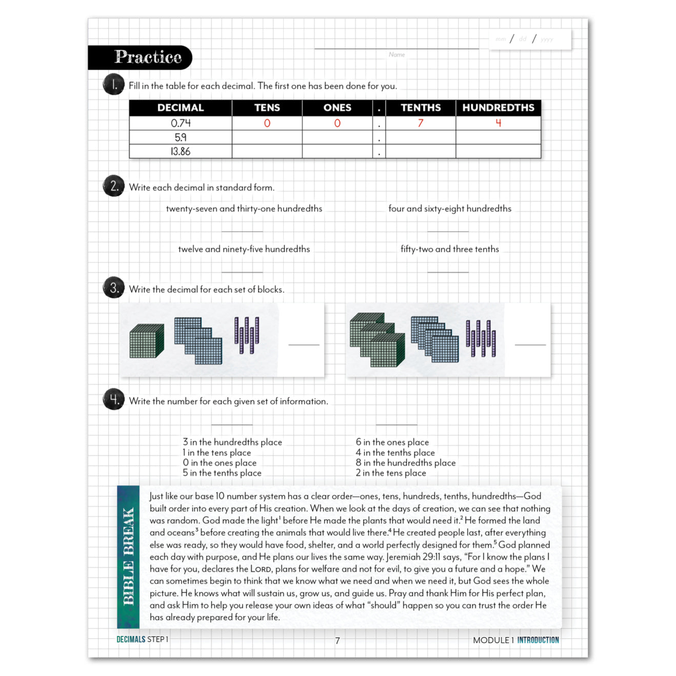An educational worksheet page titled 'Practice' with a grid layout, decimal conversion exercises, place-value blocks, and a devotional.