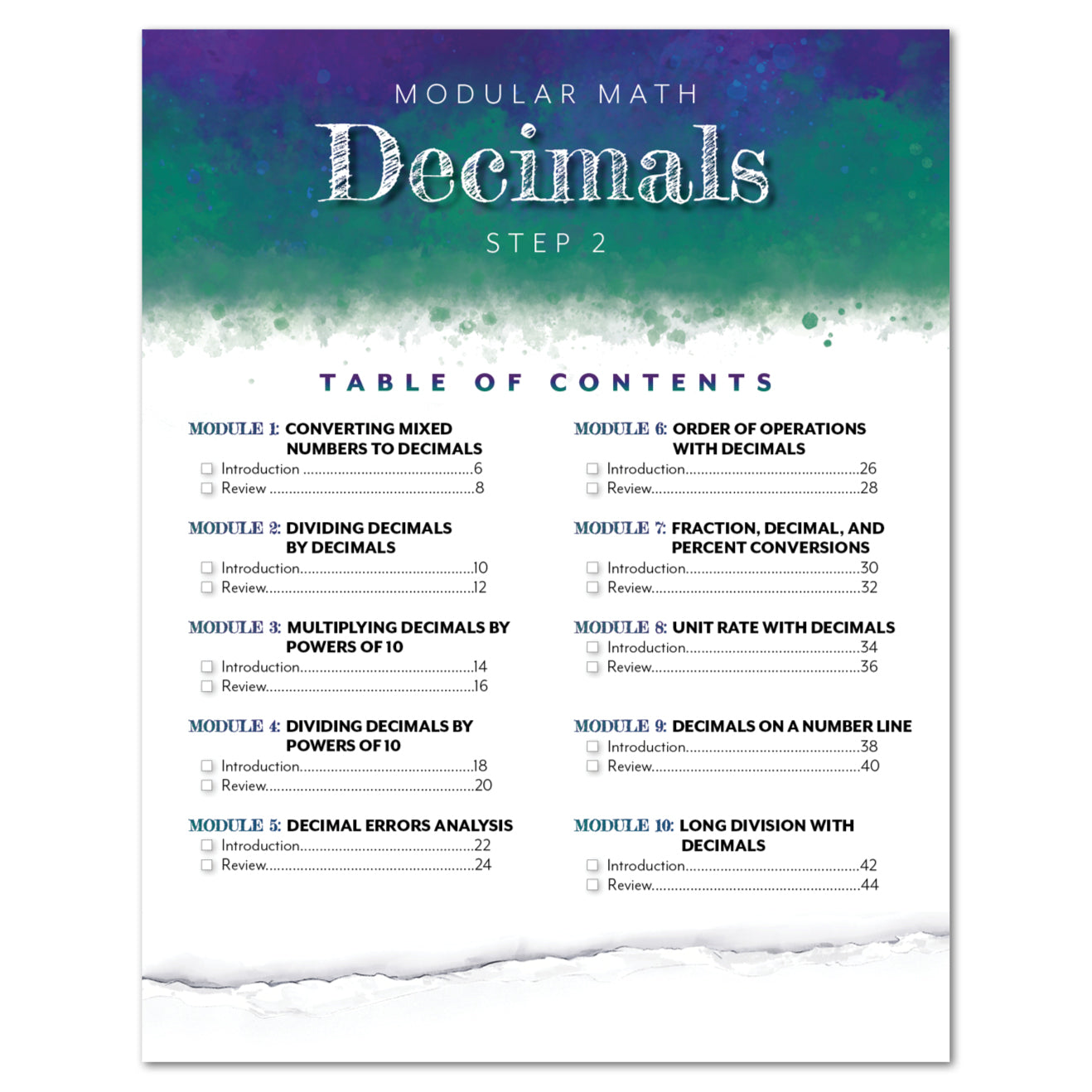 A modular math decimals Step 2 table of contents showing module titles and page numbers, designed with a teal-to-purple watercolor header and a torn paper effect at the bottom.