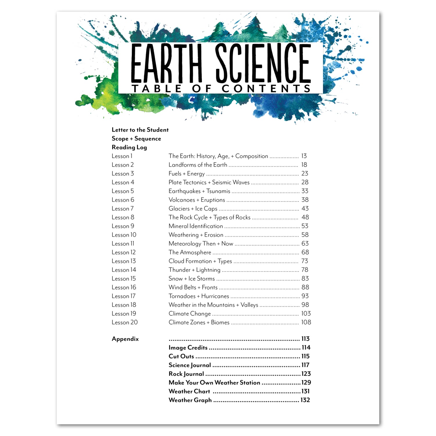 Earth Science Homeschool Unit Study Printed Student Book Table of Contents