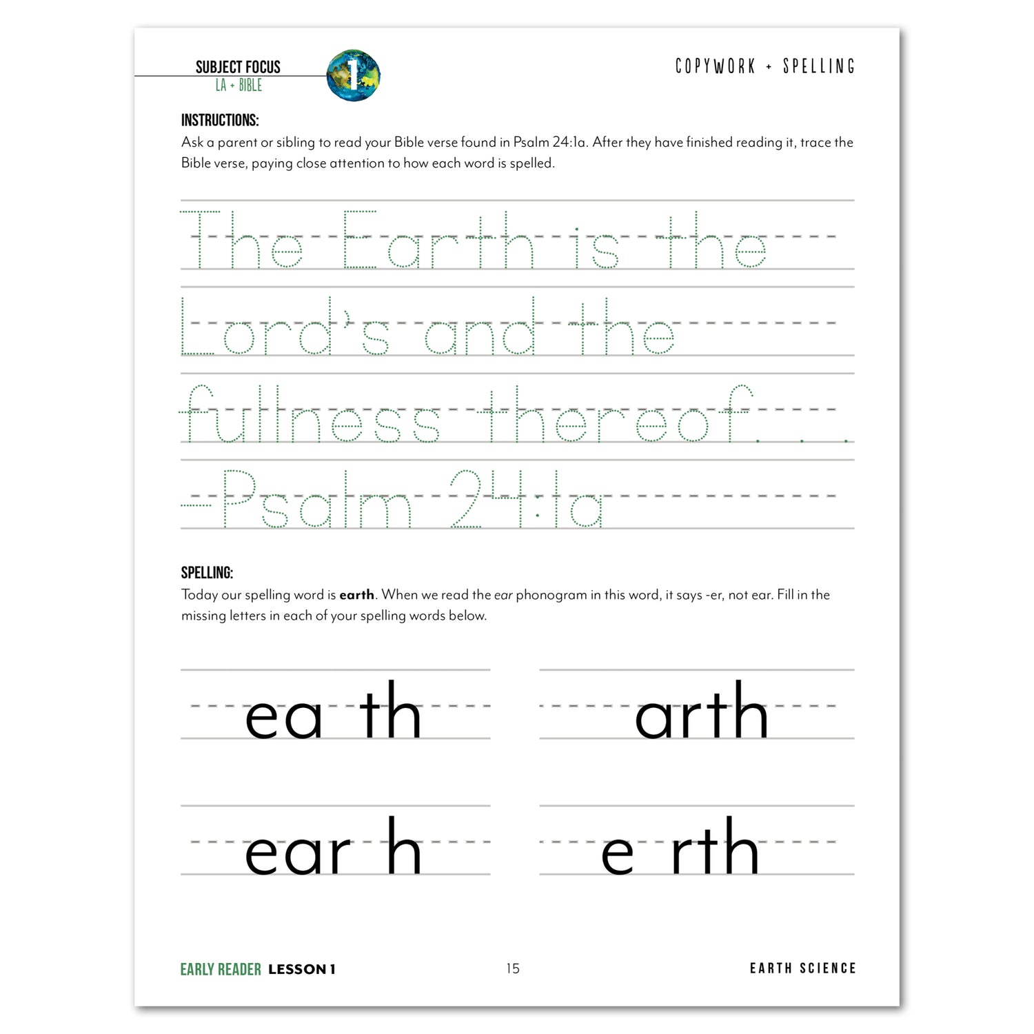Earth Science Homeschool Unit Study Printed Early Reader Student Book Lesson 1 Spelling