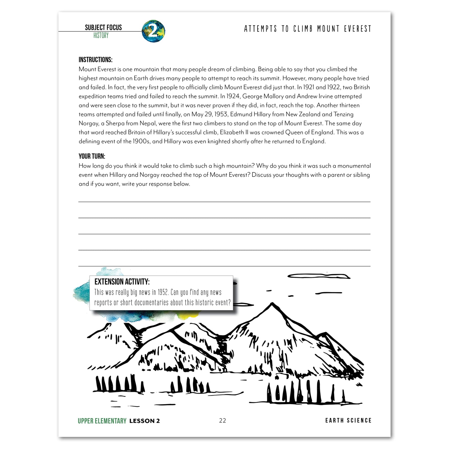 Earth Science Homeschool Unit Study Printed Upper Elementary Student Book Lesson 2 Attempts to Climb Mount Everest