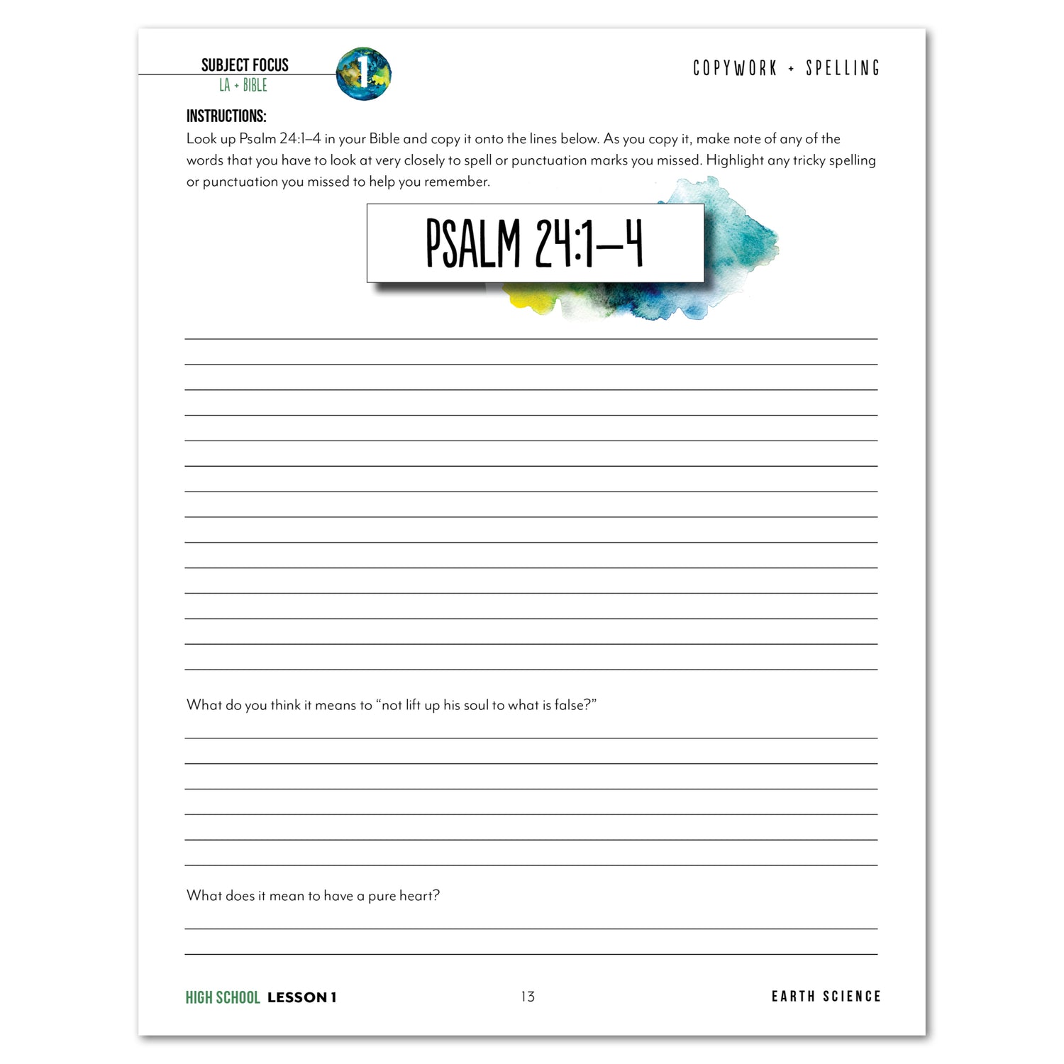 Earth Science Homeschool Unit Study Digital High School Student Book Lesson 1 Copywork and Spelling