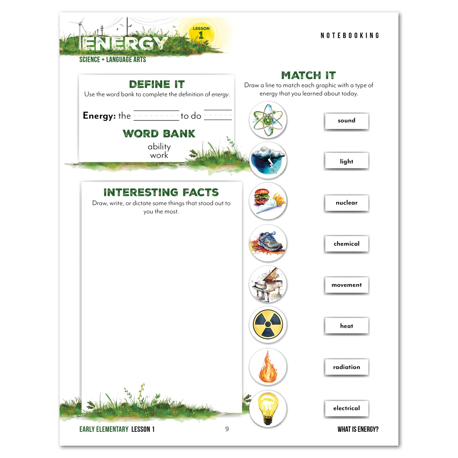 Energy Homeschool Unit Study Digital Early Elementary Student Book Lesson 1 Notebooking