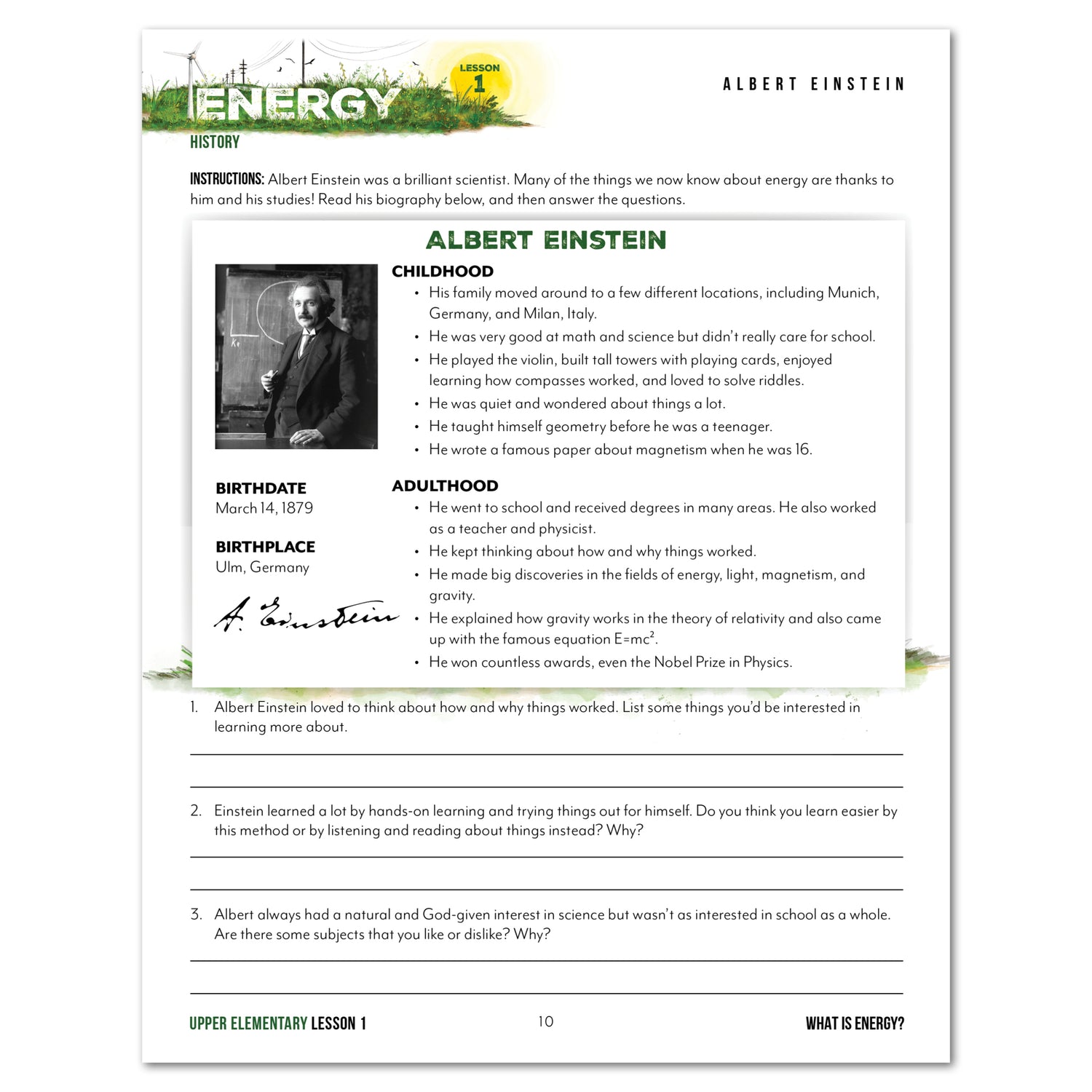 Energy Homeschool Unit Study Printed Upper Elementary Student Book Lesson 1 Albert Einstein