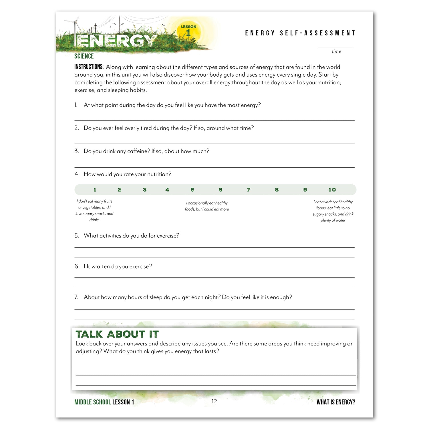 Energy Homeschool Unit Study Digital Middle School Student Book Lesson 1 Energy Self-Assessment