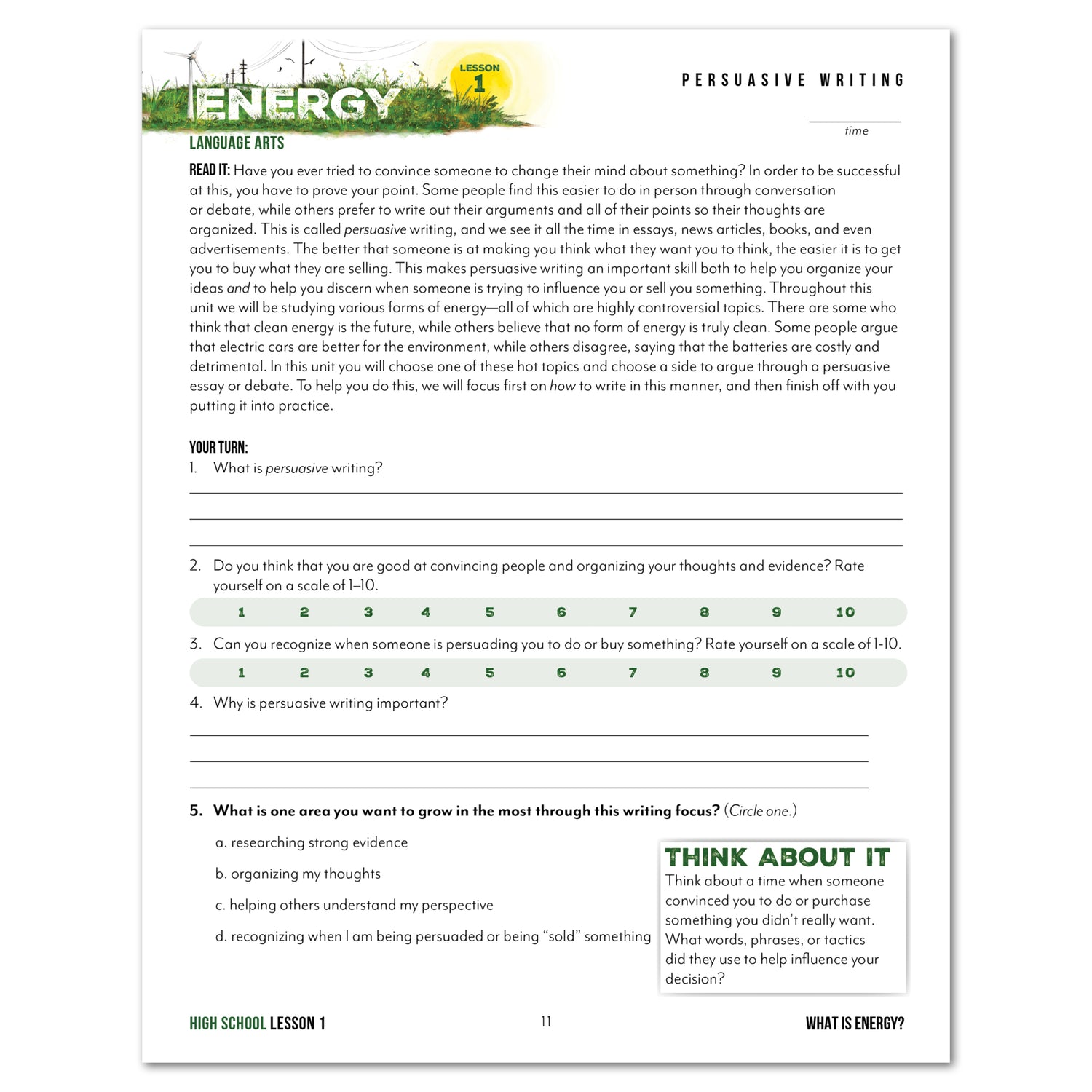 Energy Homeschool Unit Study Printed High School Student Book Lesson 1 Persuasive Writing