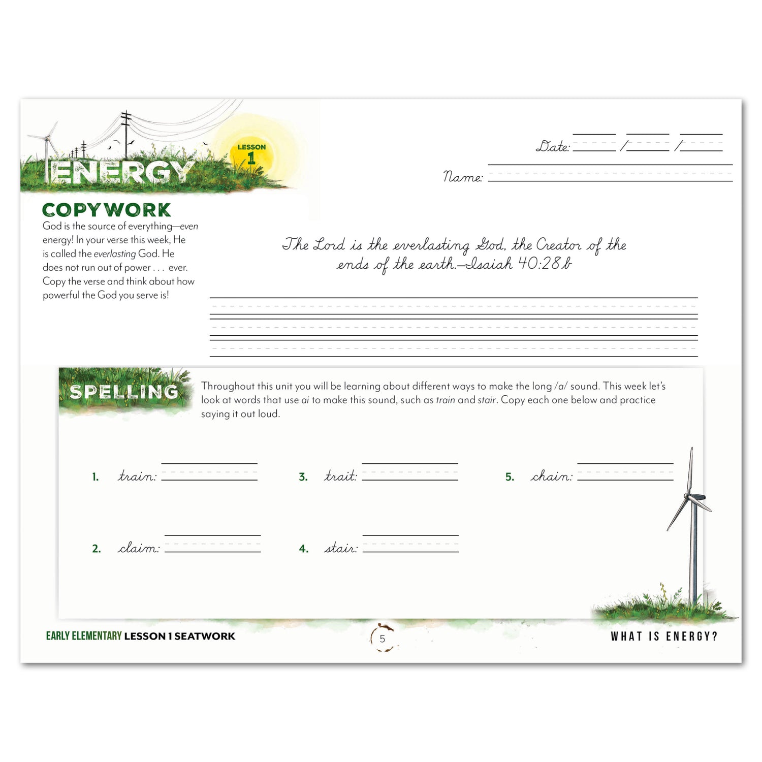 Energy Homeschool Unit Study Printed Seatwork Journal Cursive Early Elementary Lesson 1 Copywork and Spelling
