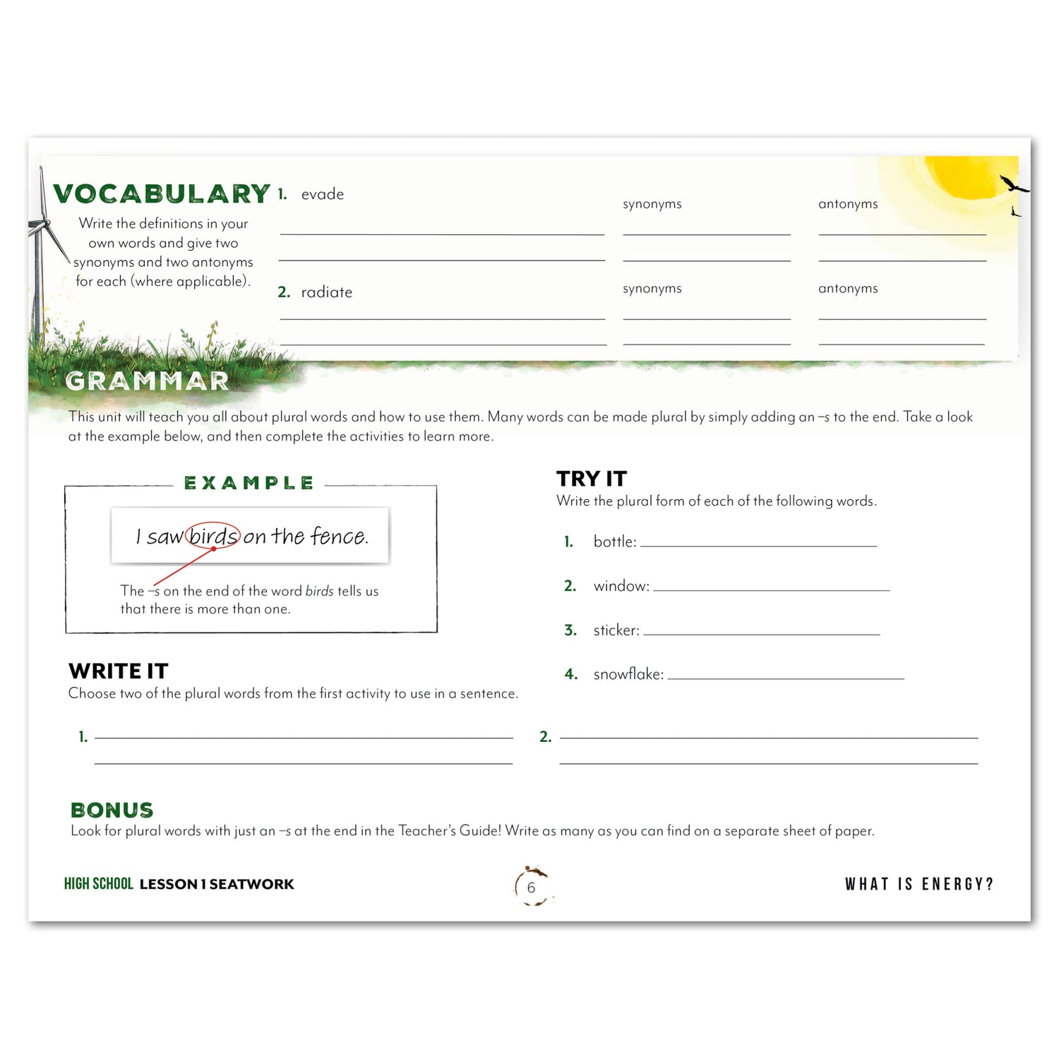 Energy Homeschool Unit Study Printed Seatwork Journal Manuscript High School Vocabulary