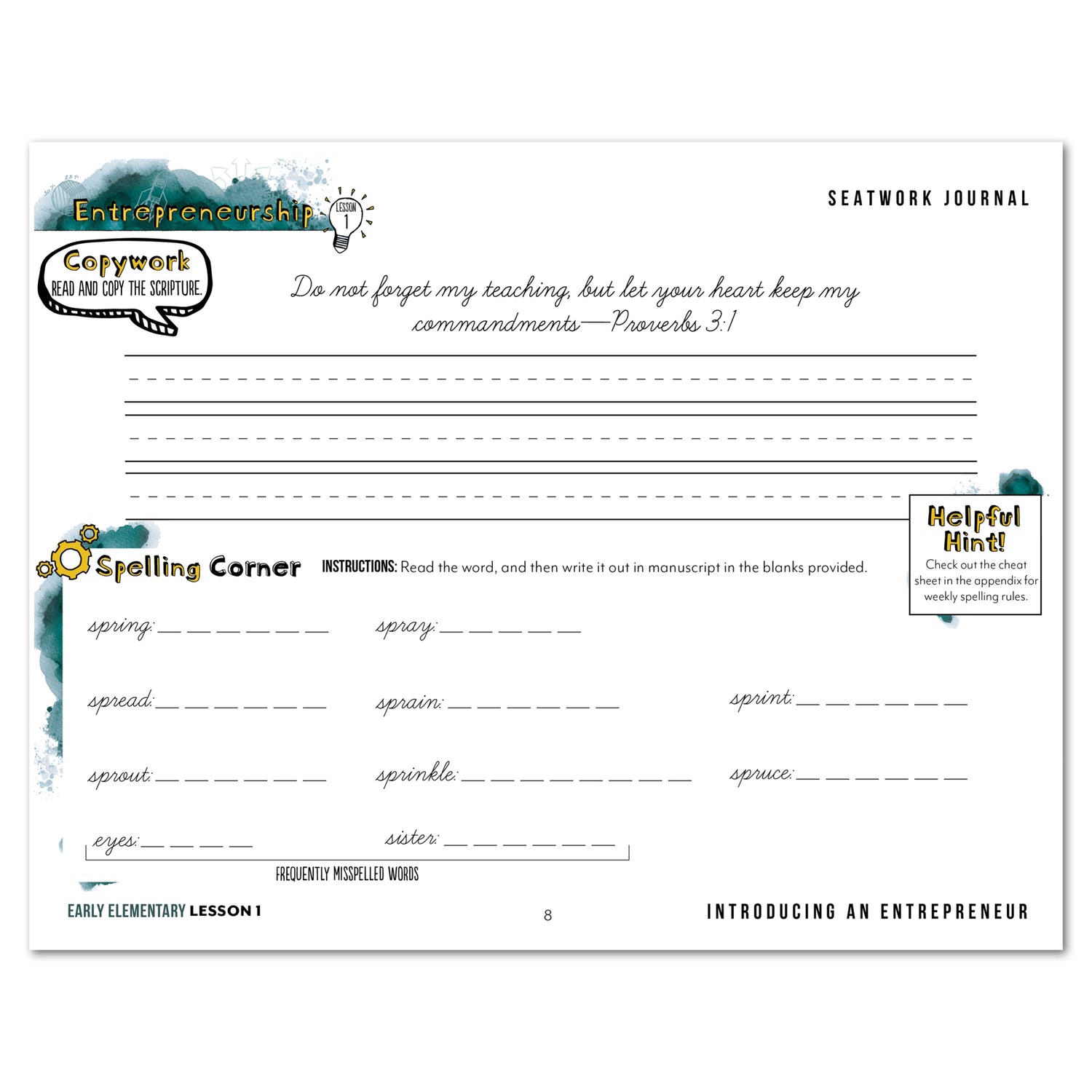 Entrepreneurship Homeschool Unit Study Digital Seatwork Journal Cursive Early Elementary Lesson 1 Copywork and Spelling