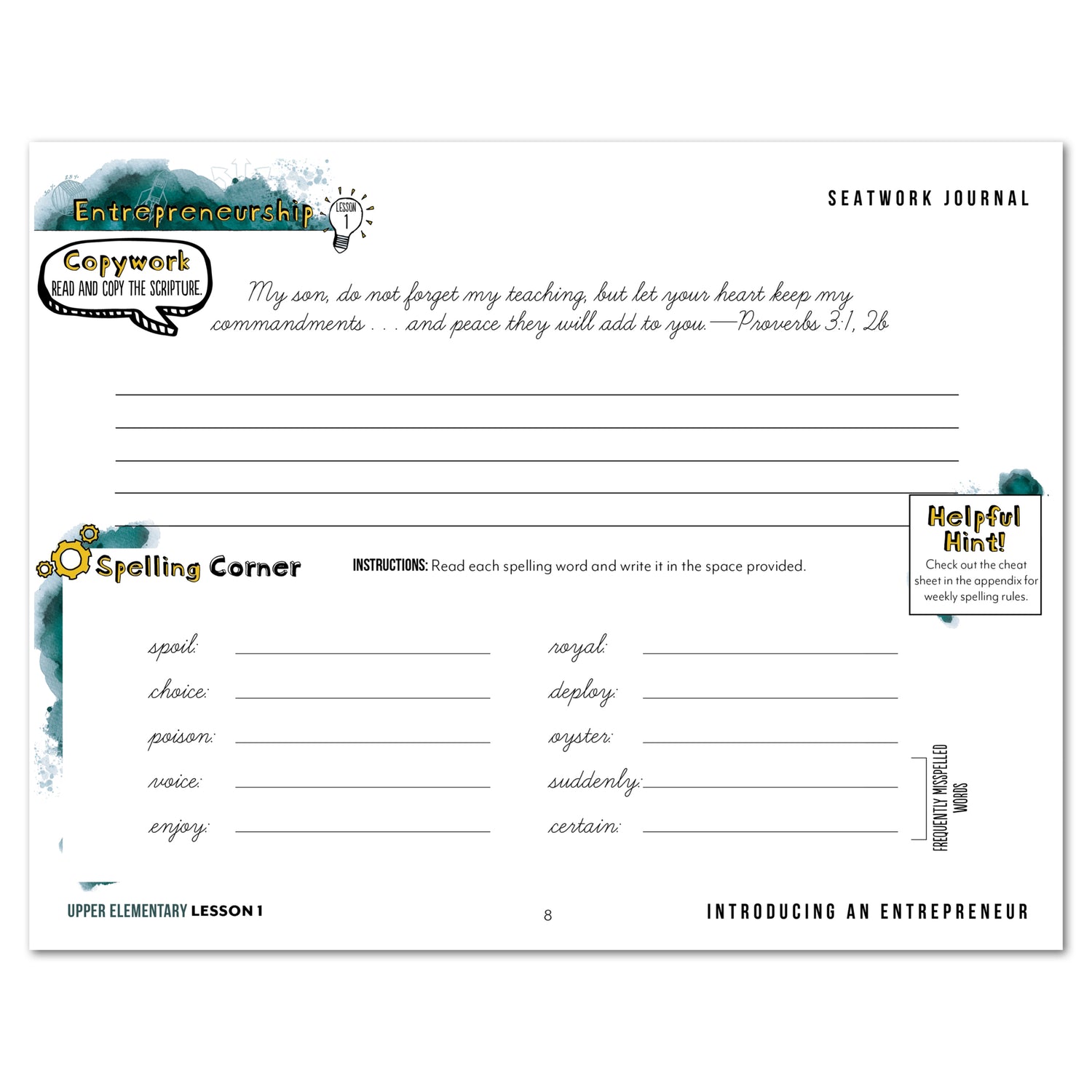 Entrepreneurship Homeschool Unit Study Digital Seatwork Journal Cursive Upper Elementary Lesson 1 Copywork and Spelling