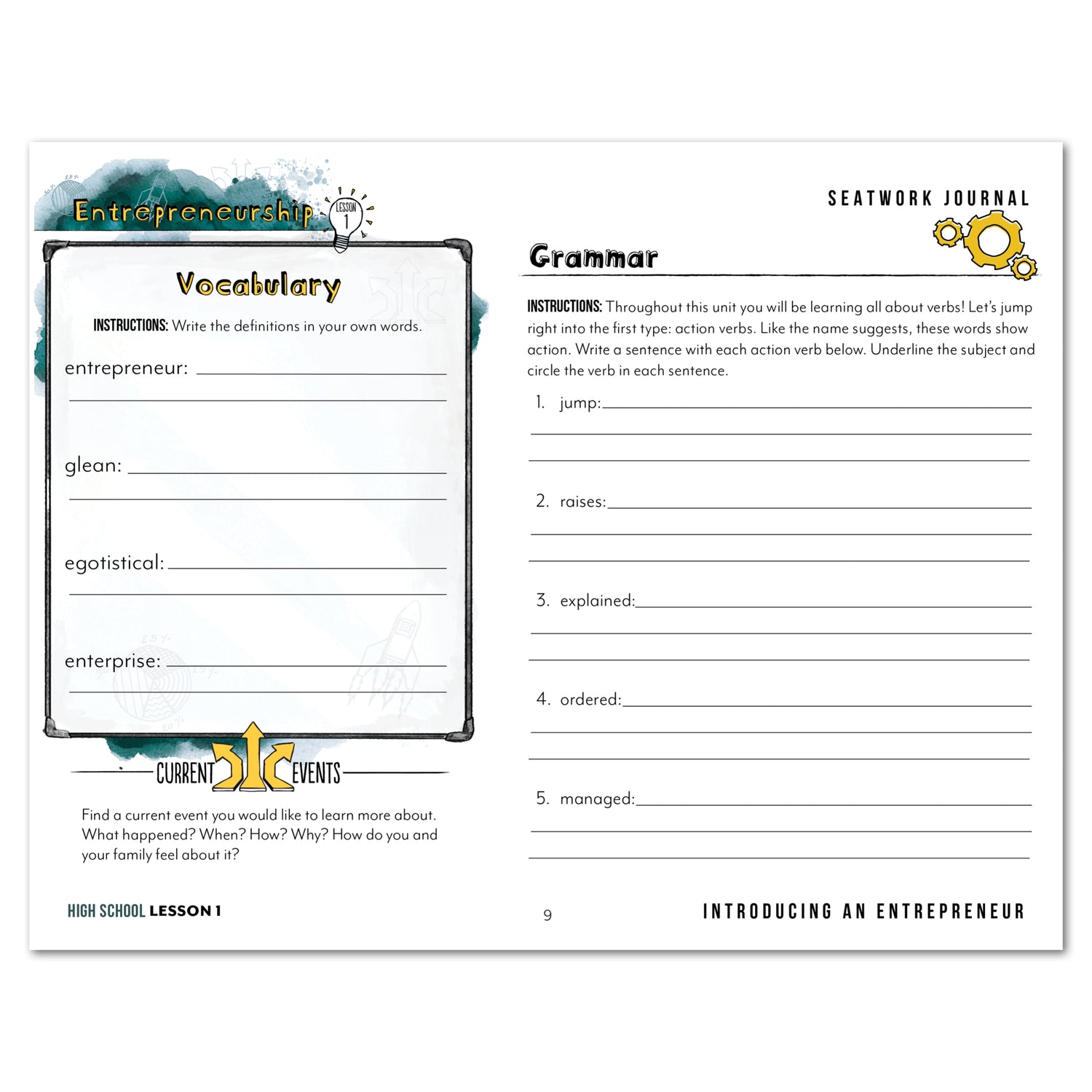 Entrepreneurship Homeschool Unit Study Digital Seatwork Journal Manuscript High School Lesson 1 Vocabulary and Grammar
