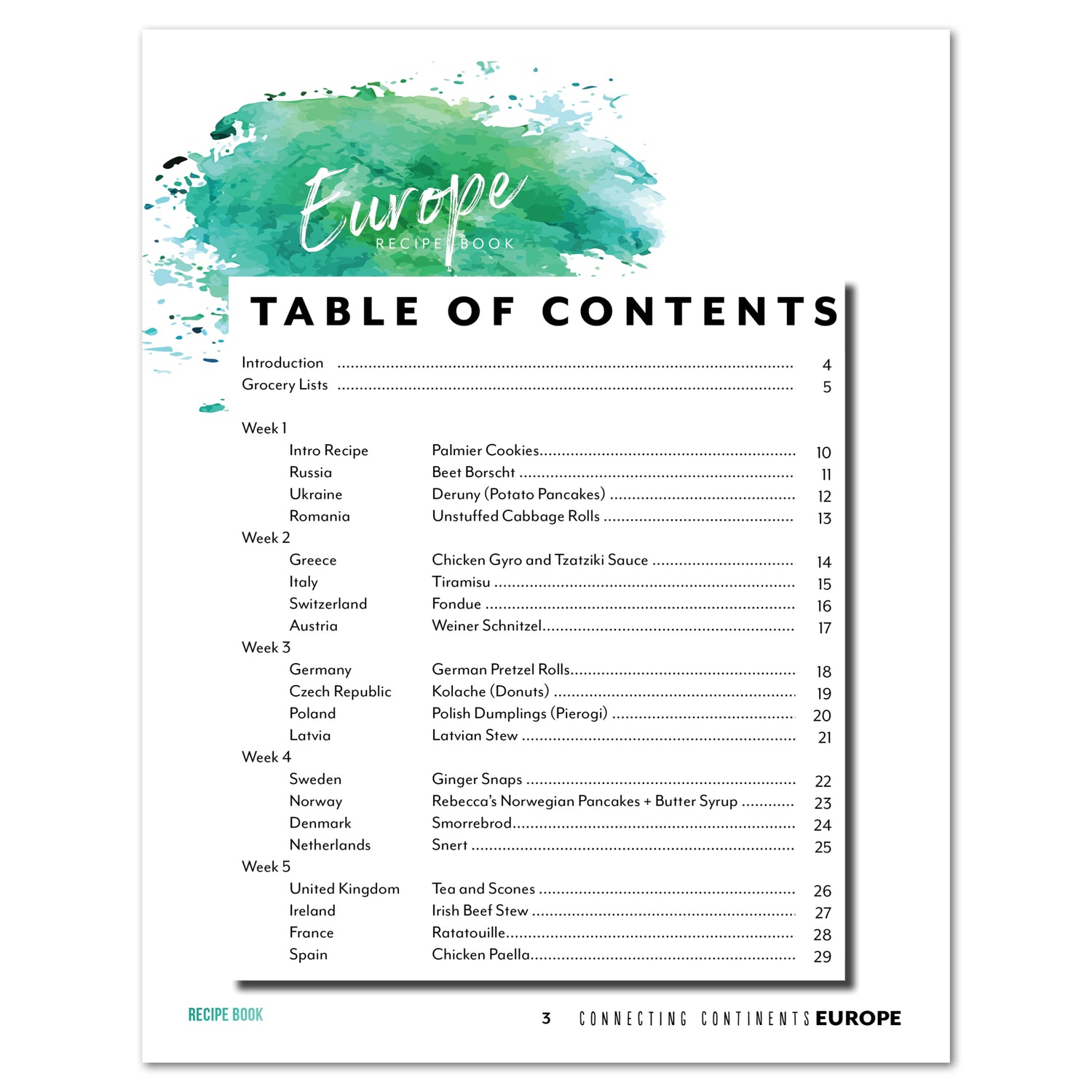 Europe homeschool unit study digital recipe book table of contents