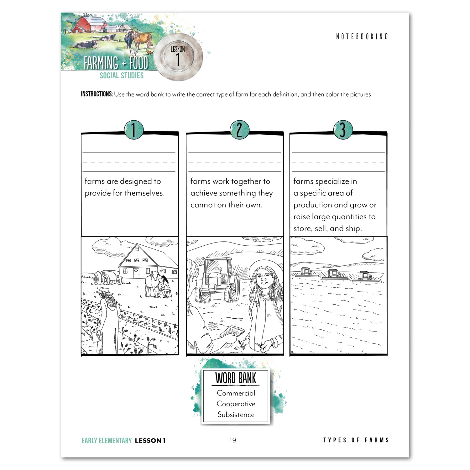 Farming + Food homeschool unit study digital teacher's guide and student work book in Early Elementary lesson one