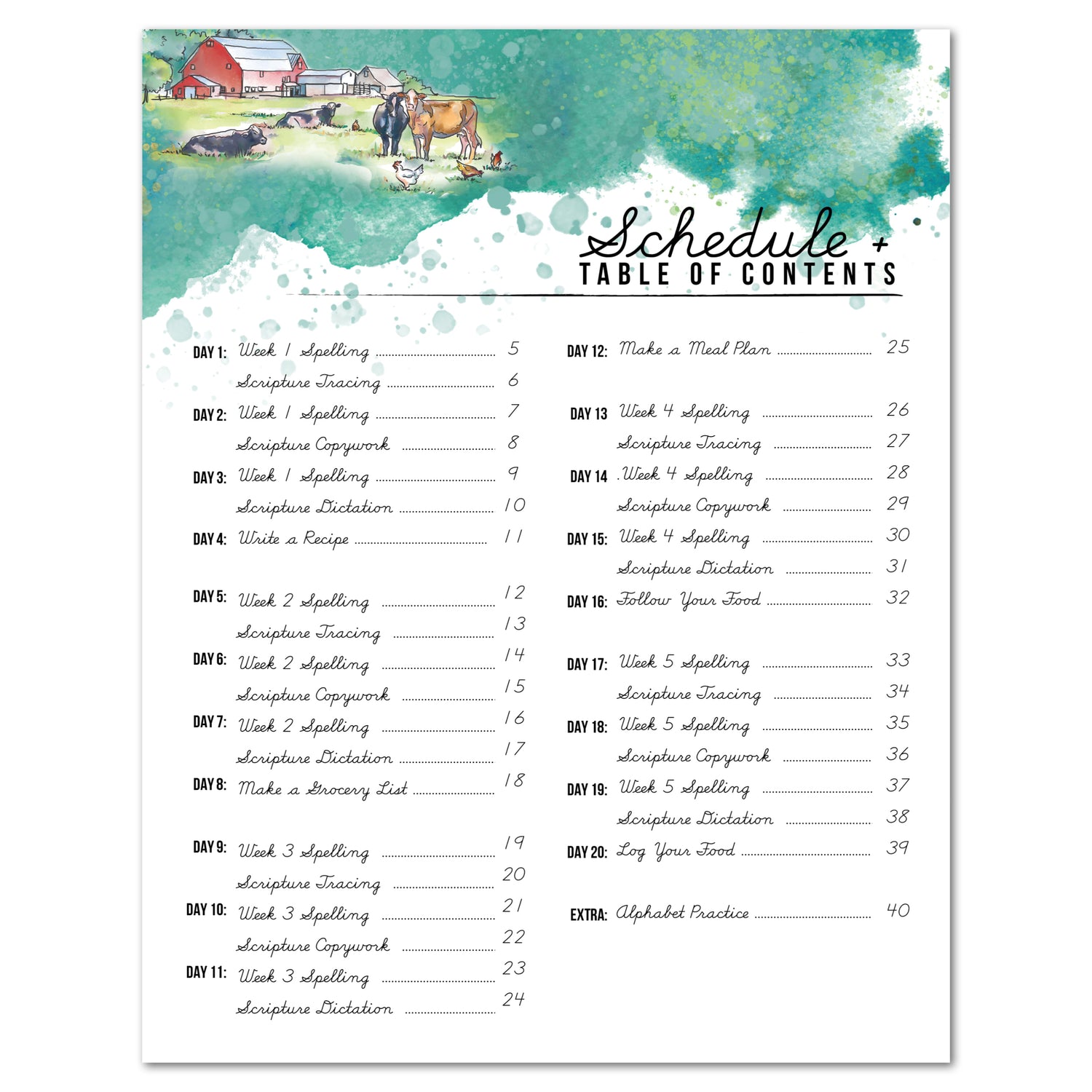 Farming + Food homeschool unit study cursive workbook in print format table of contents