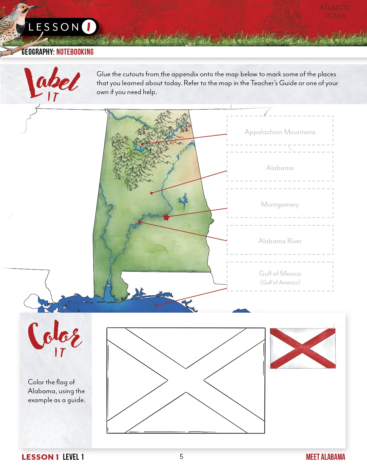 Alabama Fifty States Homeschool Unit Study Printed Student Book Lesson Page for Level 1