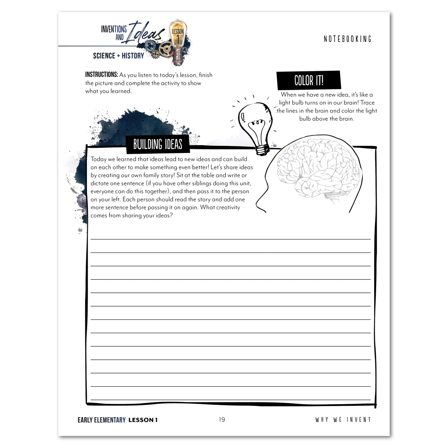 Inventions and Ideas homeschool unit study printed student workbook in early elementary lesson one