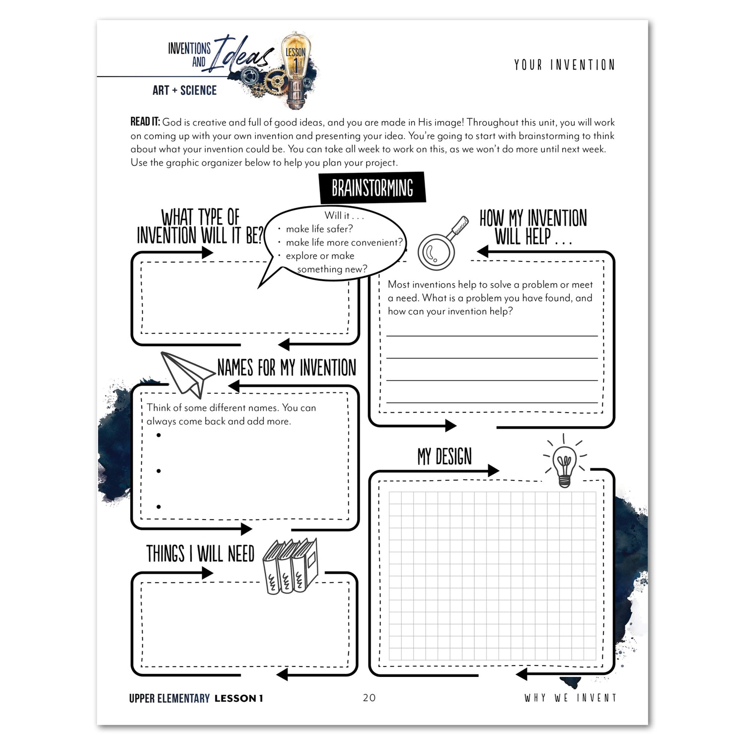 Inventions and Ideas homeschool unit study printed student workbook in upper elementary lesson one