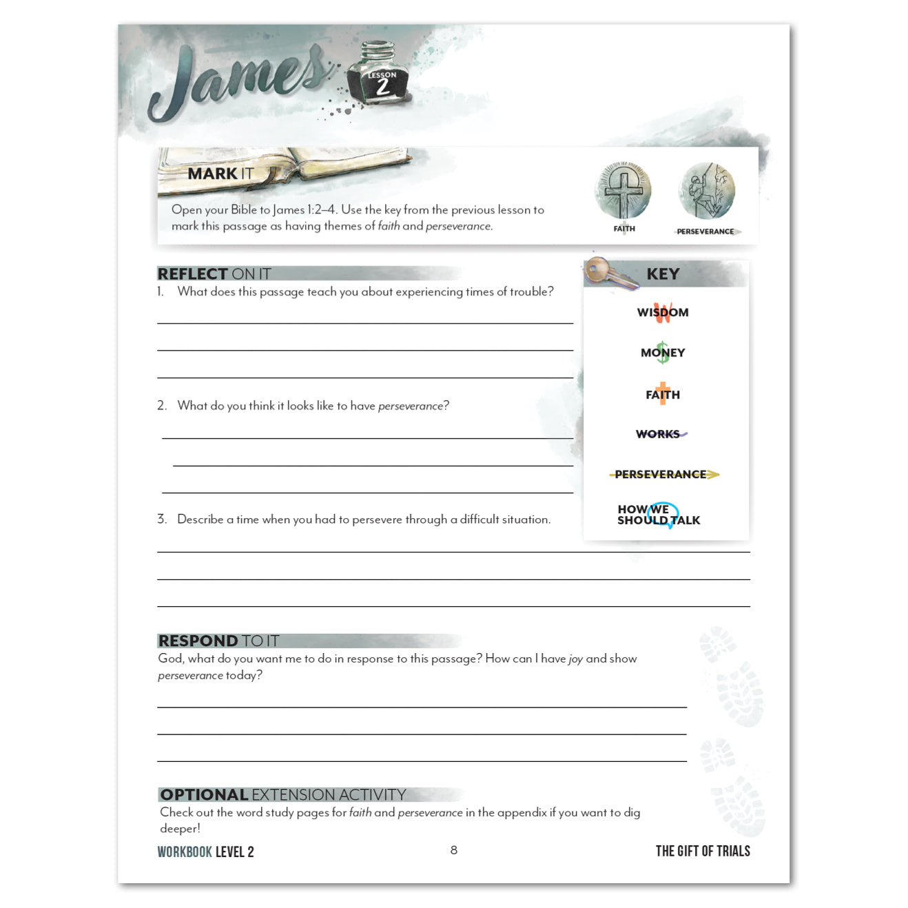 A printed worksheet titled 'James' with religious reflection prompts, writing lines, a key, and small illustrations including a Bible, a cross, and climber.