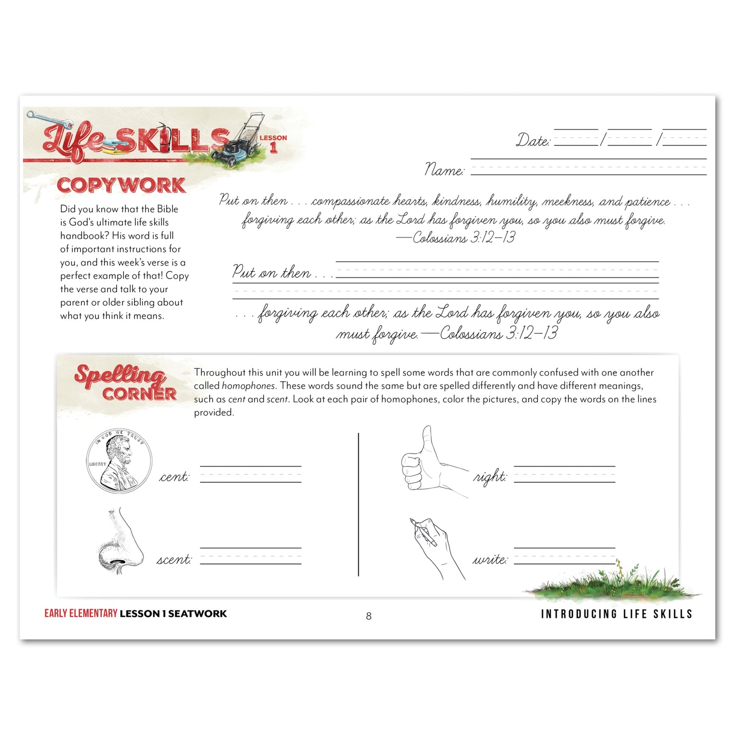 Life Skills homeschool unit study printed early elementary cursive seatwork journal lesson 1
