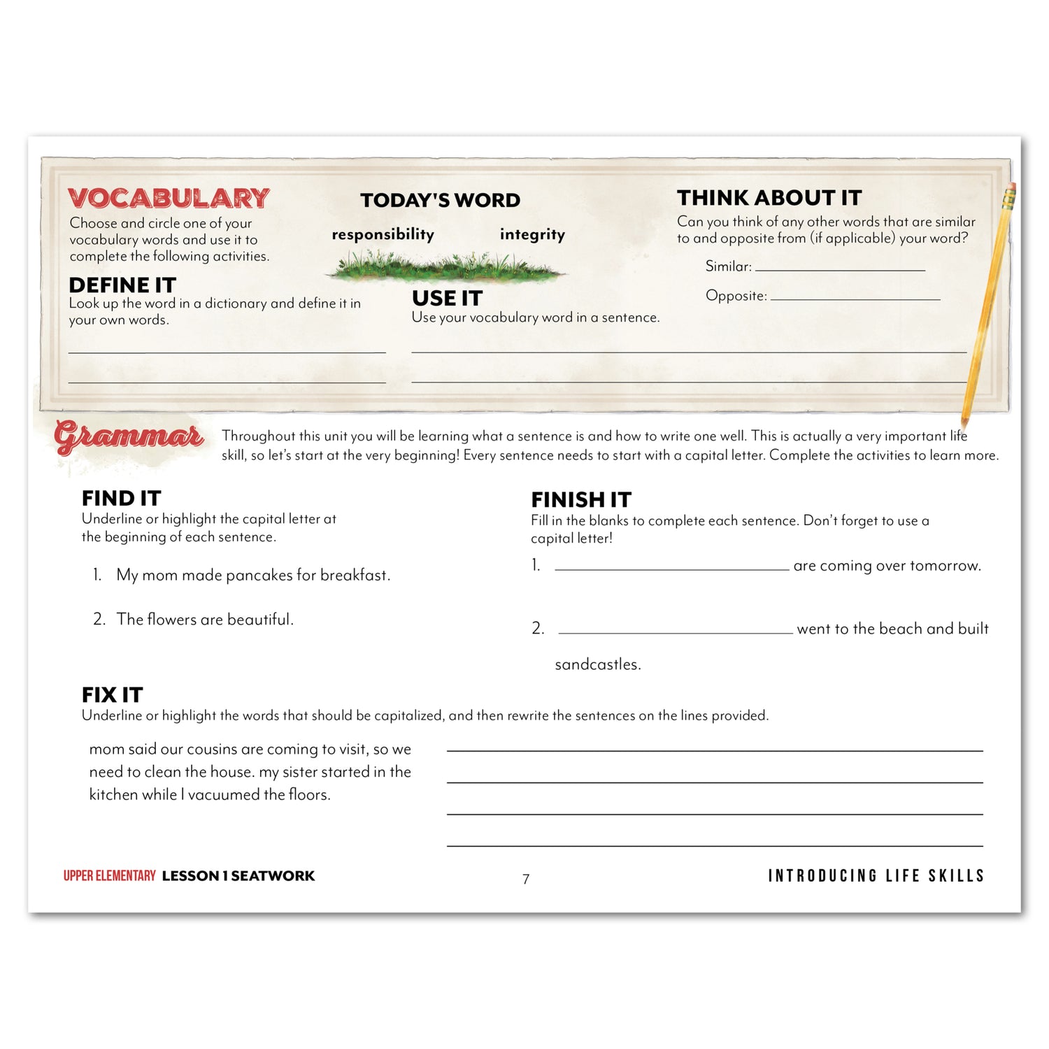 Life Skills homeschool unit study printed upper elementary manuscript seatwork journal lesson 1