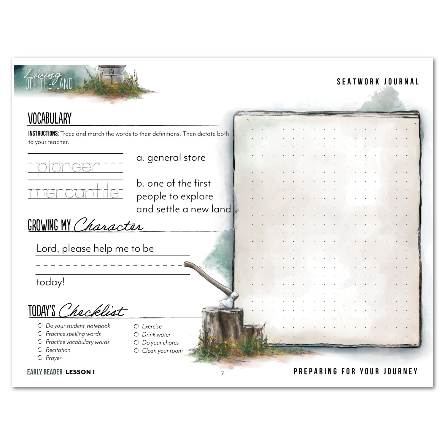 Living Off the Land homeschool unit seatwork journal digital early reader student notebook in manuscript lesson one