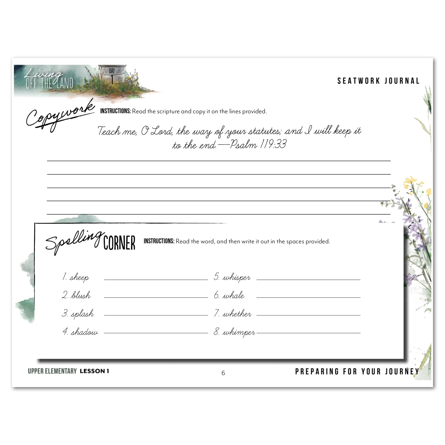 Living Off the Land homeschool unit seatwork journal digital Upper Elementary student notebook in cursive lesson one