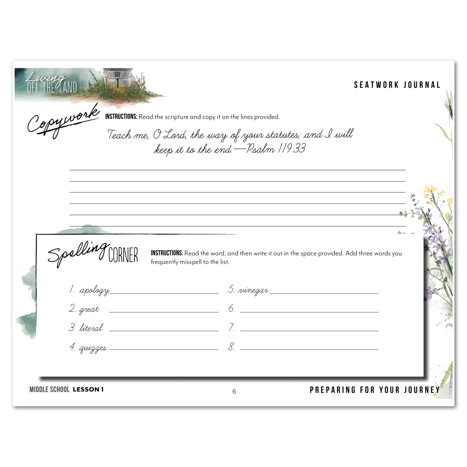 Living Off the Land homeschool unit seatwork journal digital Middle School student notebook in cursive lesson one