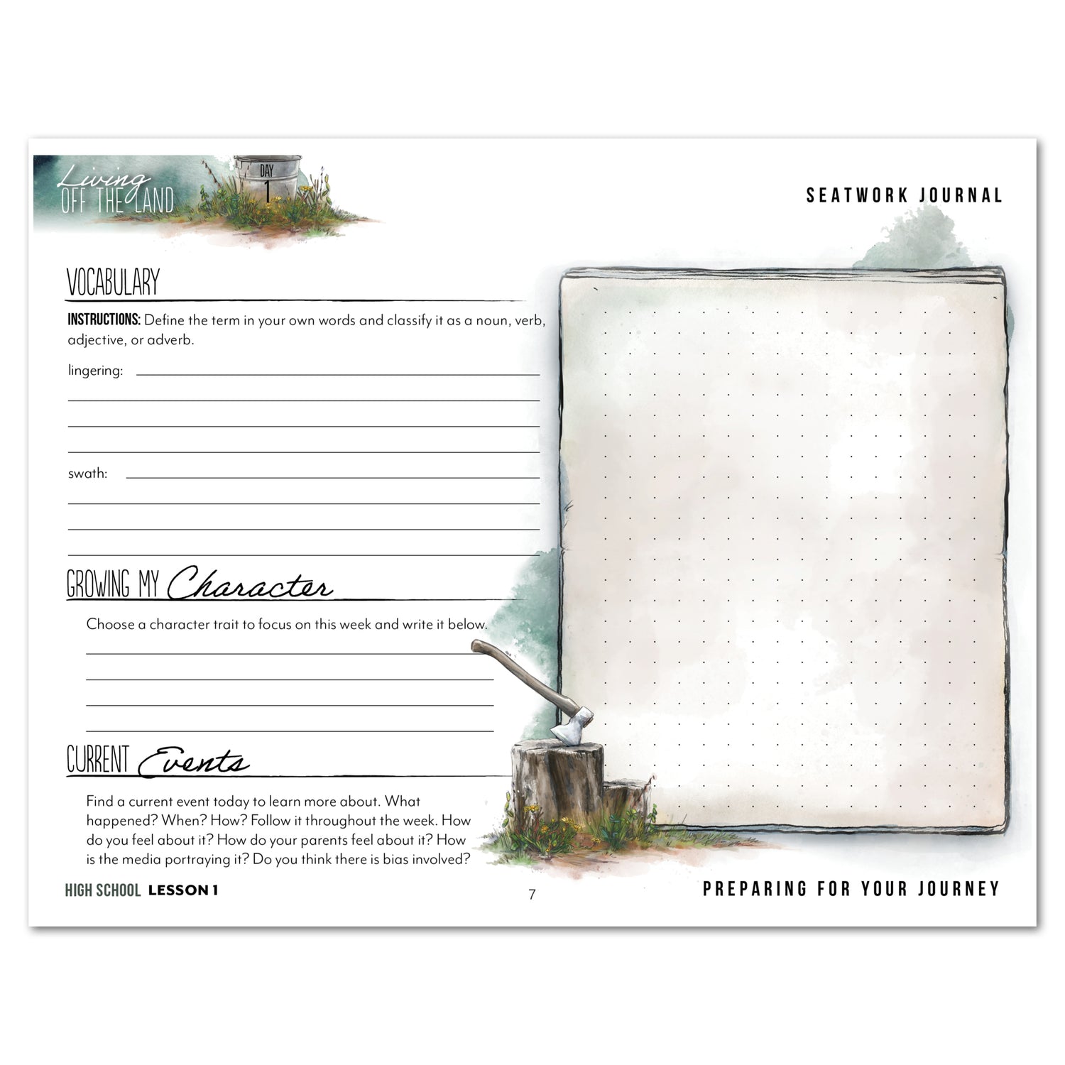 Living Off the Land homeschool unit seatwork journal print High School student notebook in manuscript lesson one