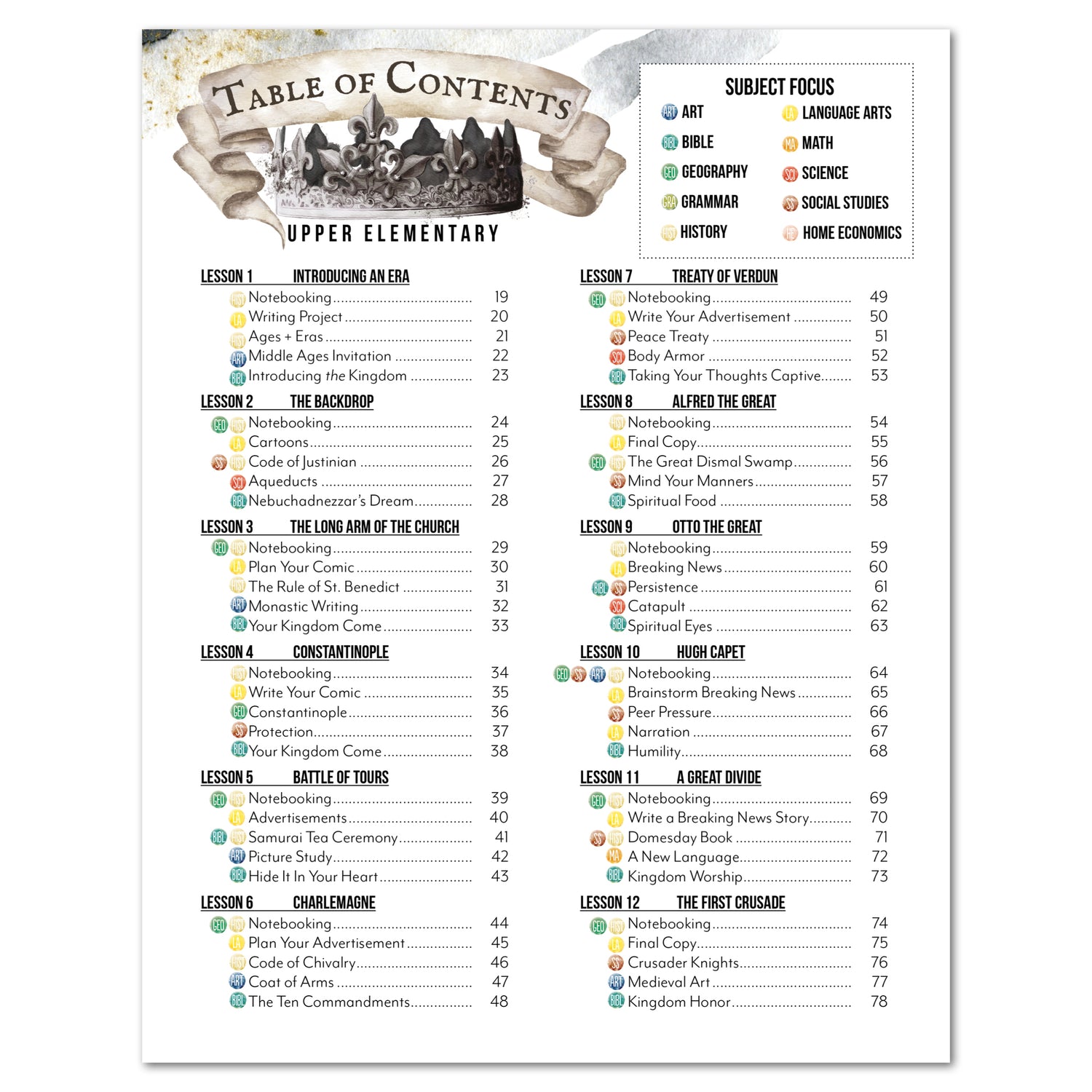 Middle Ages homeschool unit study printed student workbook table of contents in upper elementary part one