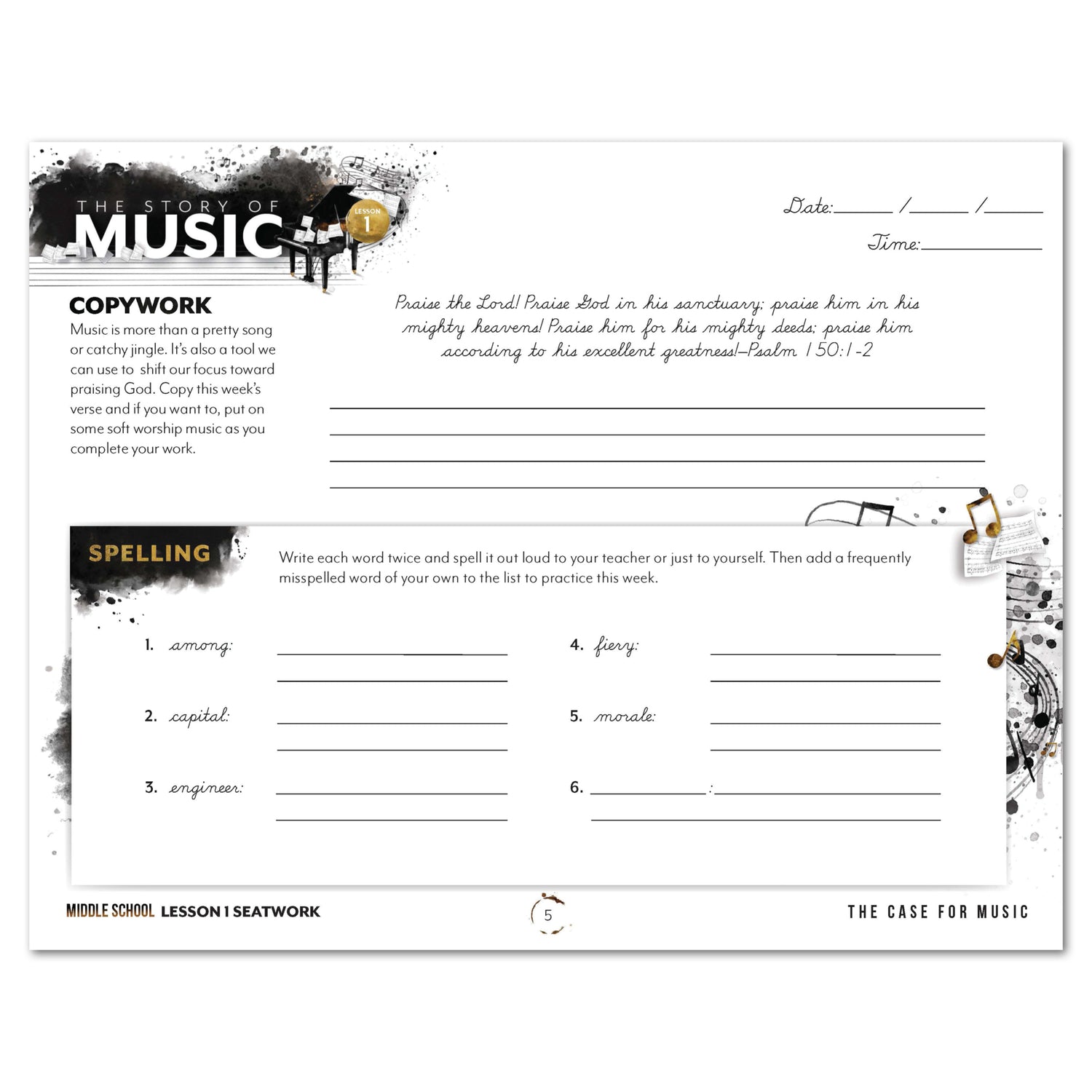 Music homeschool unit study print student seatwork journal in cursive for middle school lesson one