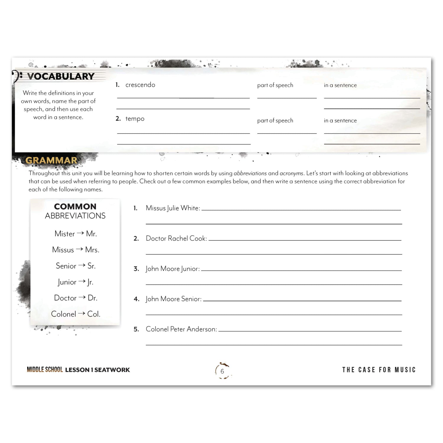 Music homeschool unit study print student seatwork journal in manuscript for middle school lesson one
