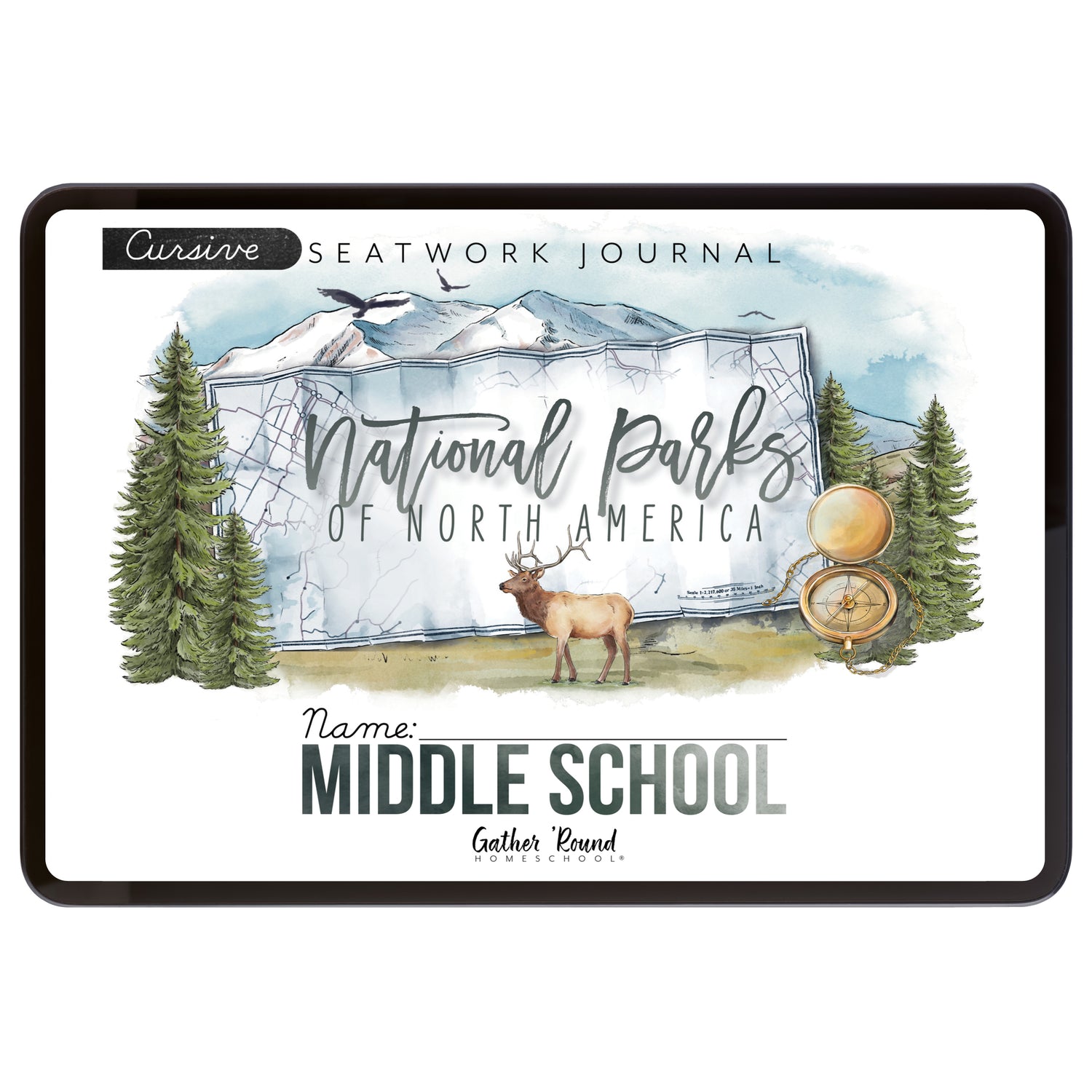 National Parks of North America homeschool unit study digital student seatwork journal in cursive for Middle School