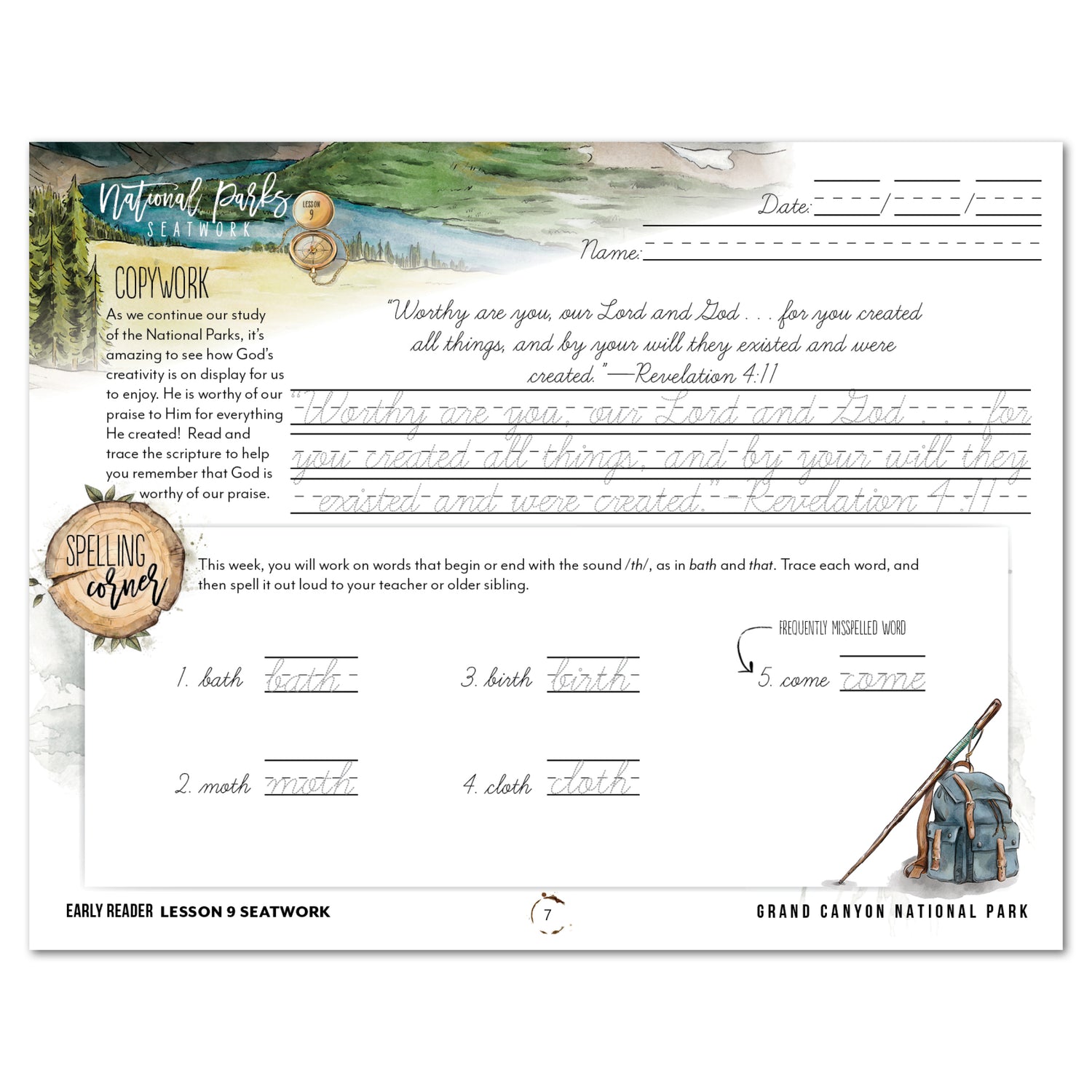National Parks of North America homeschool unit study digital student seatwork journal in cursive for Early Reader lesson one