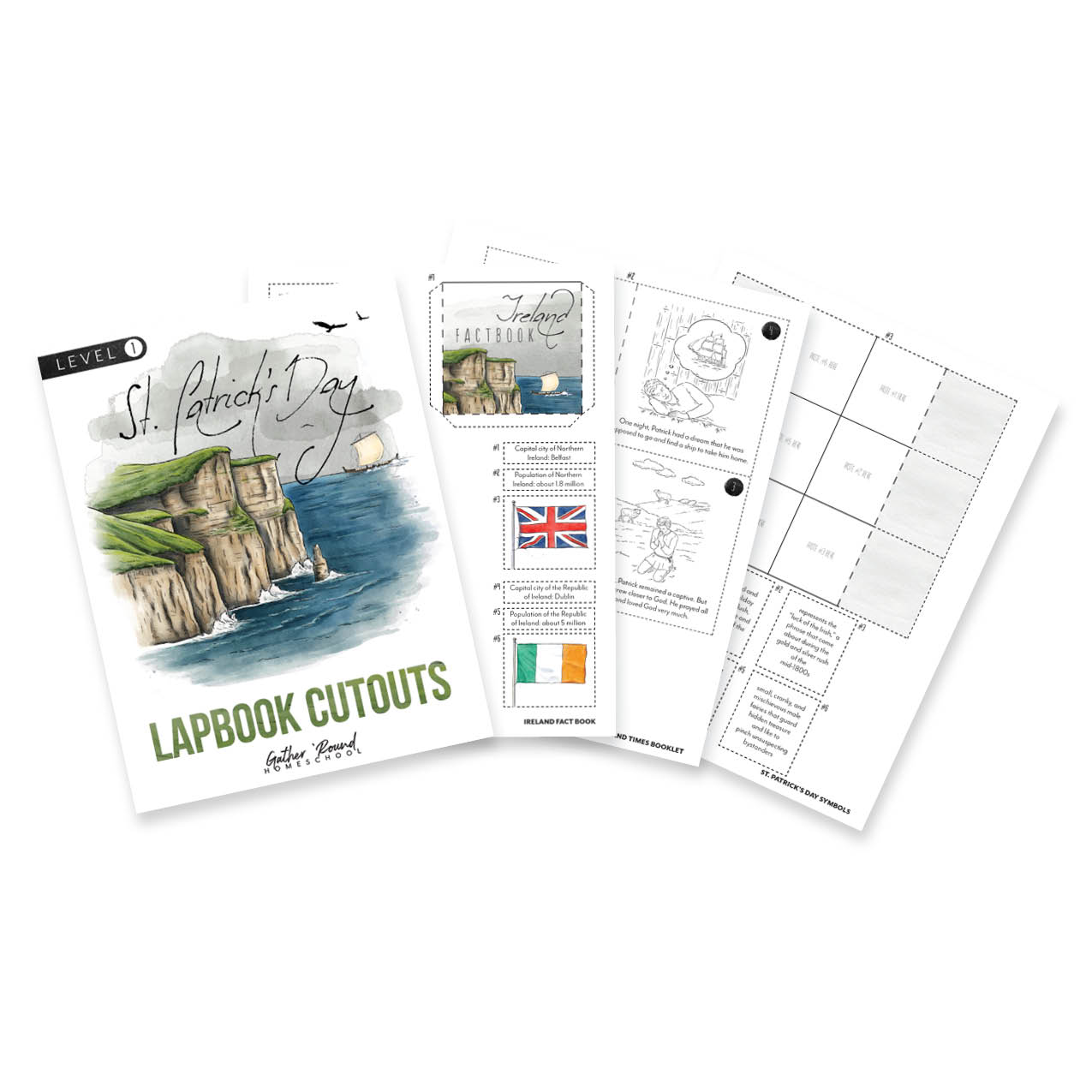 St. Patrick's Day homeschool unit study, printed lapbook with Teacher's Guide lapbook cutouts level one