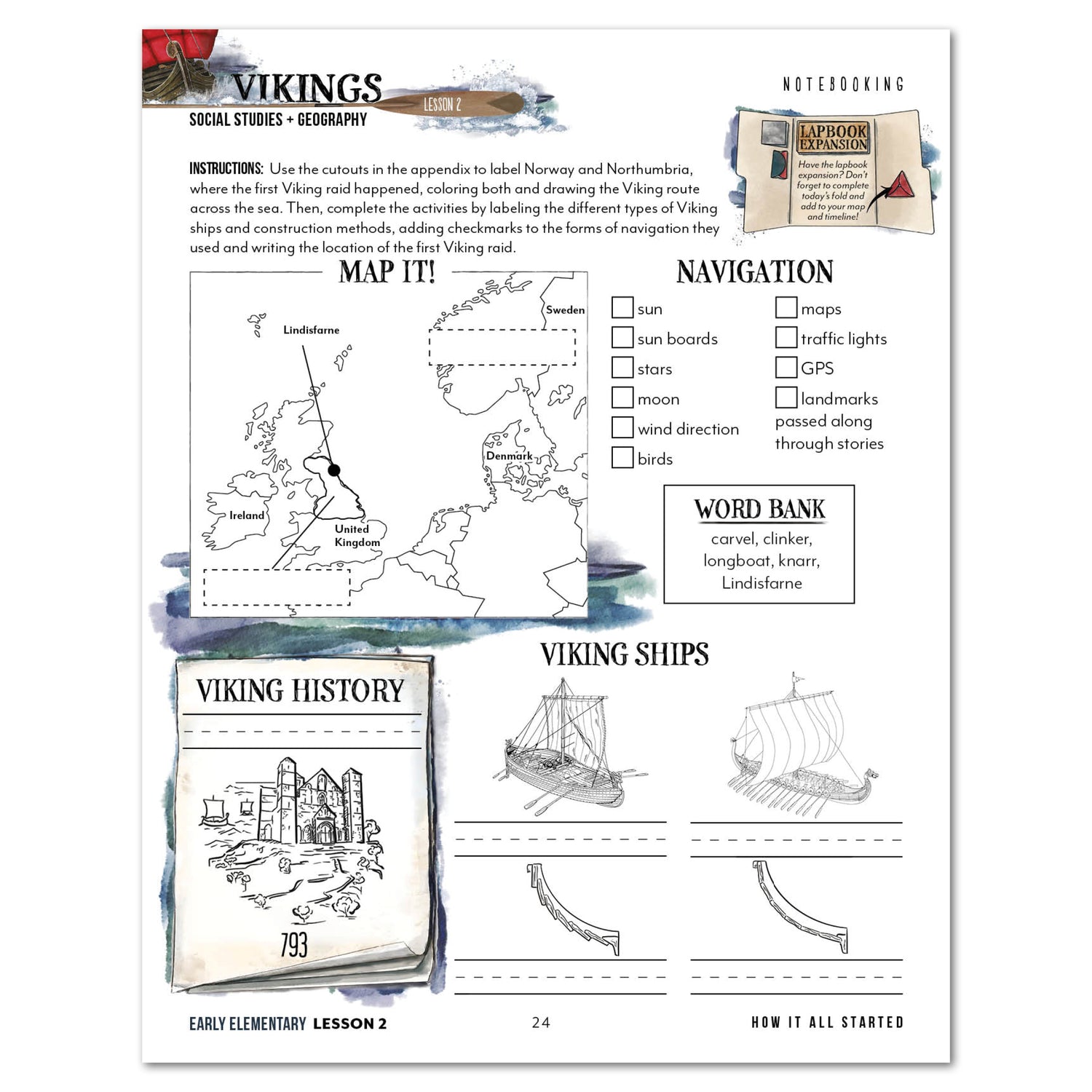 Vikings Homeschool Unit Study Printed Early Elementary Student Book Lesson 2 Notebooking