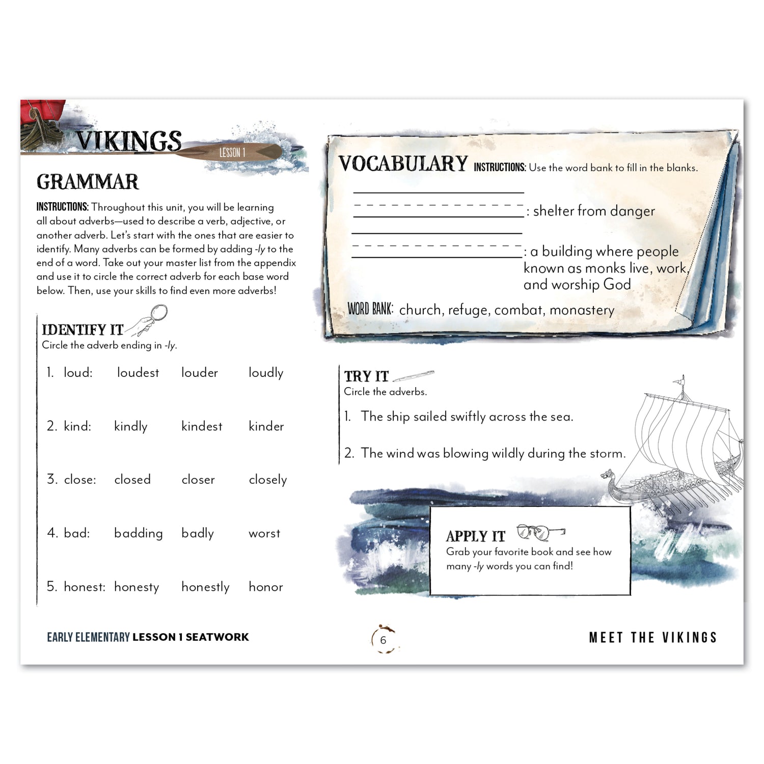 Vikings Homeschool Unit Study Printed Seatwork Journal Cursive Early Elementary Lesson 1 Grammar and Vocabulary