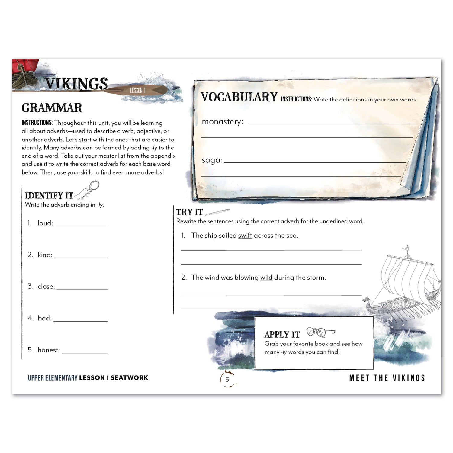 Vikings Homeschool Unit Study Printed Seatwork Journal Cursive Upper Elementary Lesson Grammar and Vocabulary