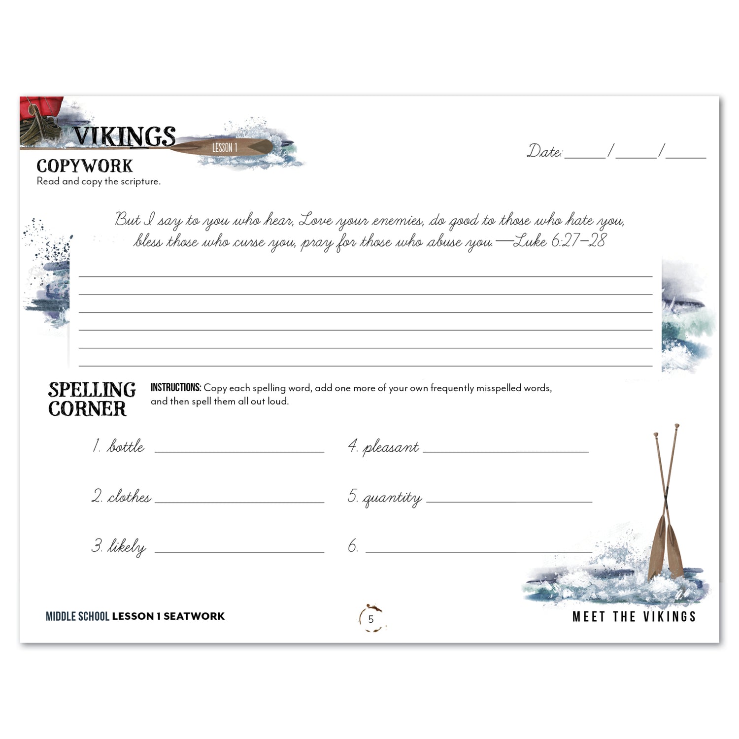 Vikings Homeschool Unit Study Printed Seatwork Journal Cursive Middle School Lesson 1 Copywork and Spelling