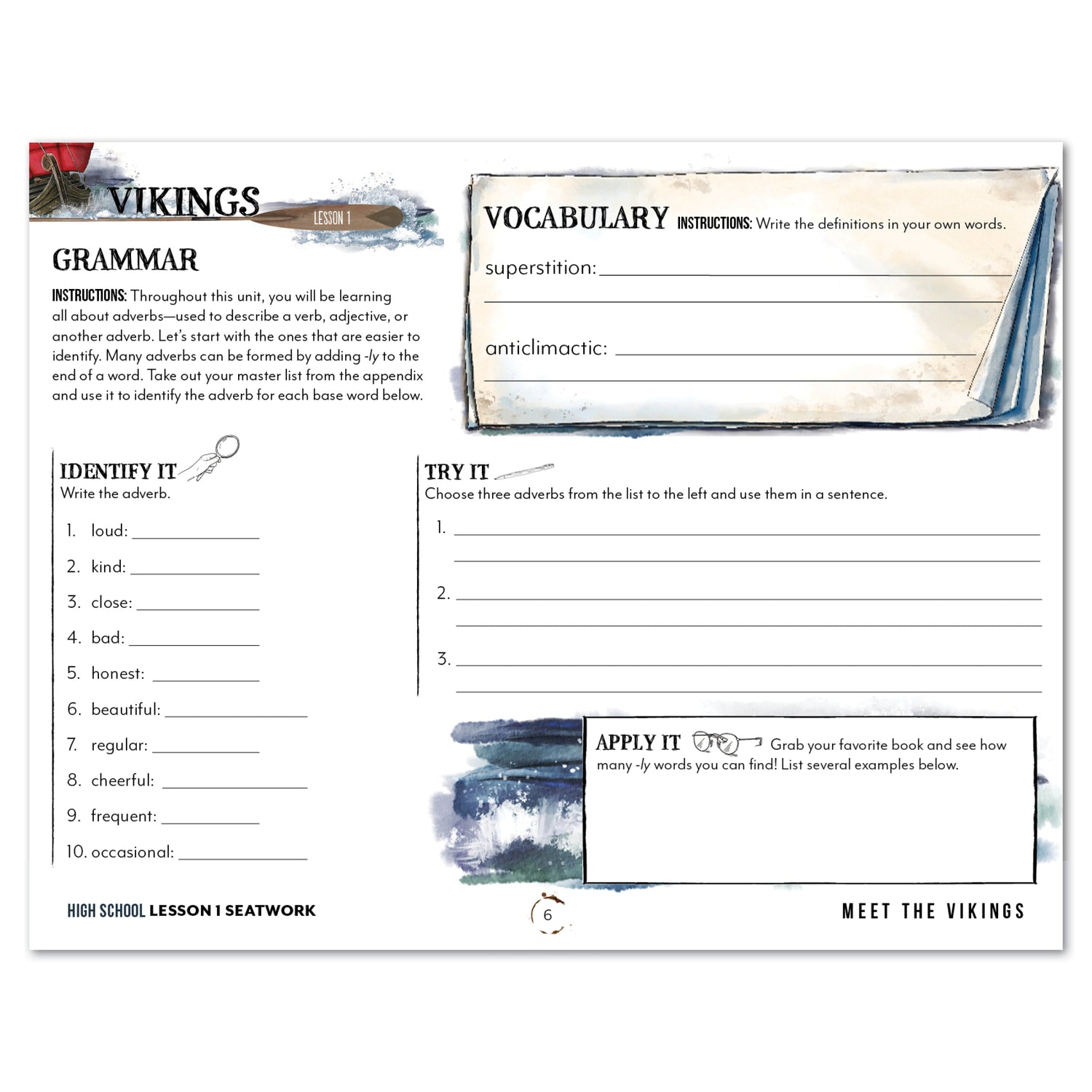 Vikings Homeschool Unit Study Printed Seatwork Journal Manuscript High School Lesson 1 Grammar and Vocabulary