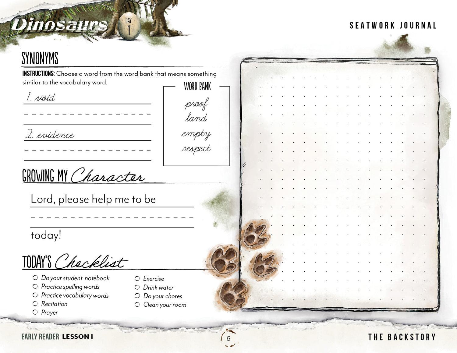 Dinosaurs Homeschool Unit Study Printed Seatwork Journal Cursive Eary Reader Lesson 1 Synonyms