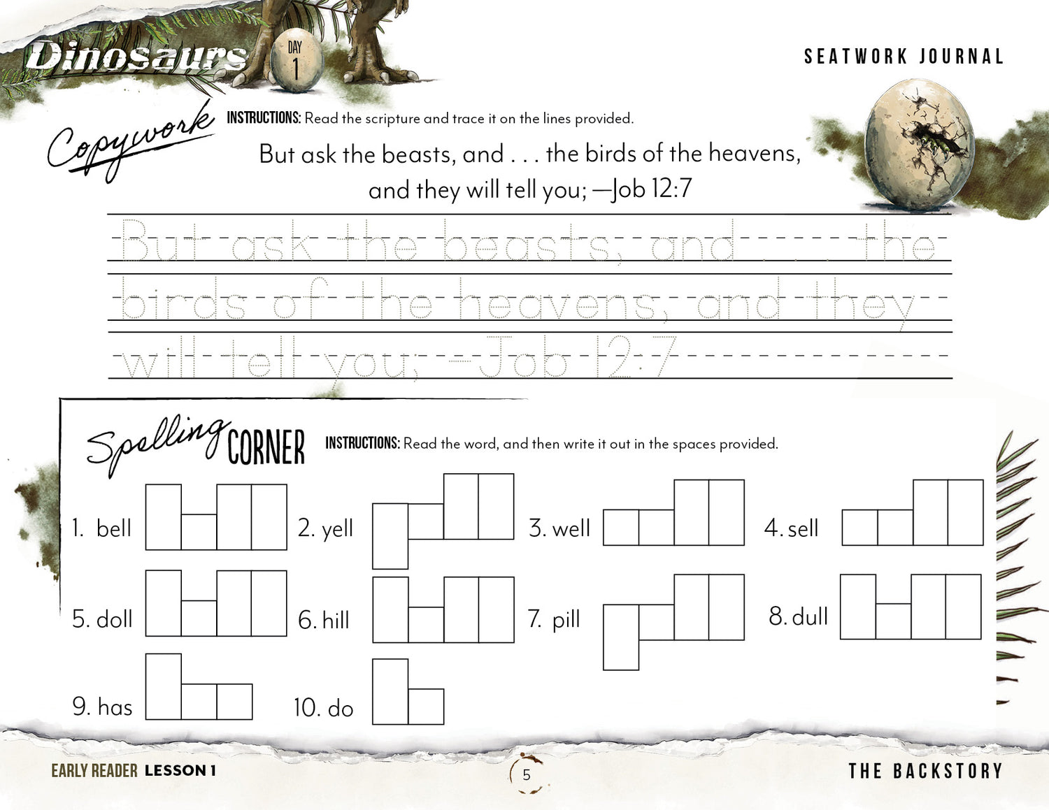 Dinosaurs Homeschool Unit Study Printed Seatwork Journal Manuscript Eary Reader Lesson 1 Copywork and Spelling