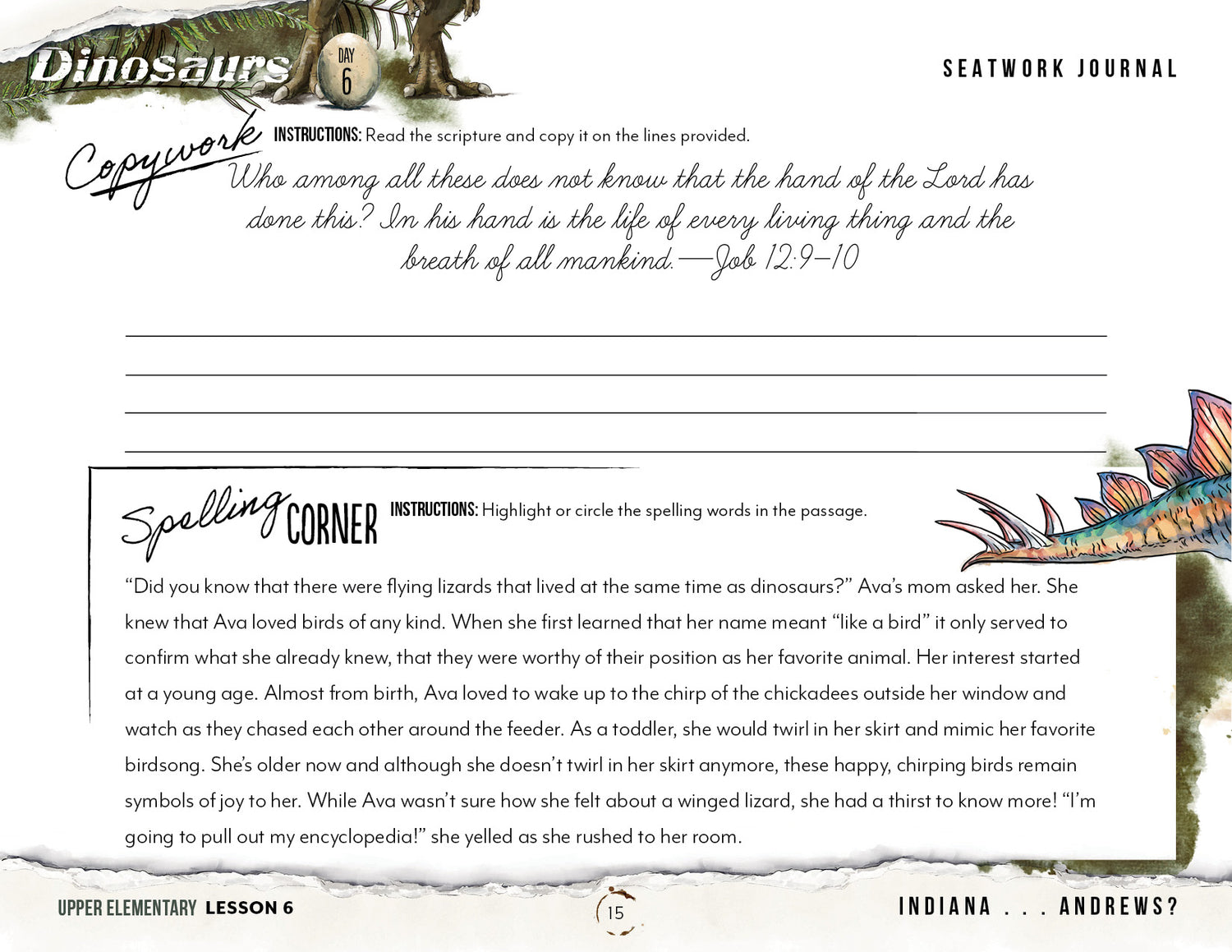 Dinosaurs Homeschool Unit Study Printed Seatwork Journal Cursive Upper Elementary Copywork and Spelling