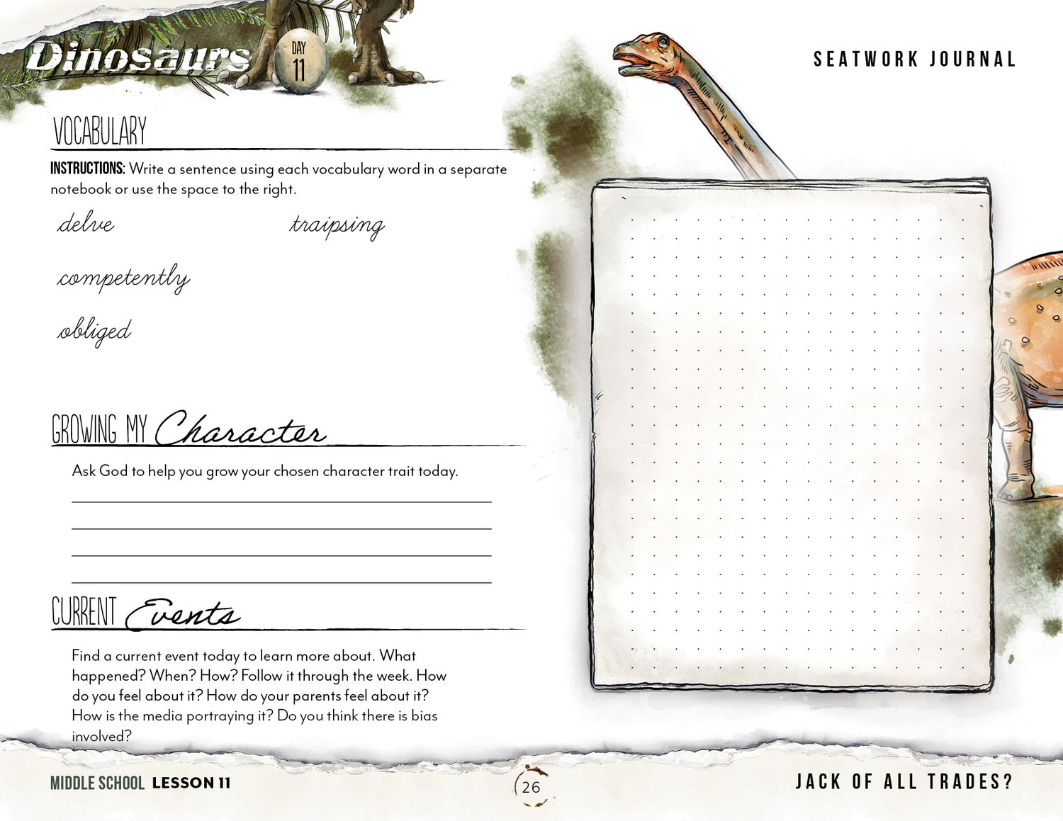 Dinosaurs Homeschool Unit Study Printed Seatwork Journal Cursive Middle School Lesson 11 Vocabulary