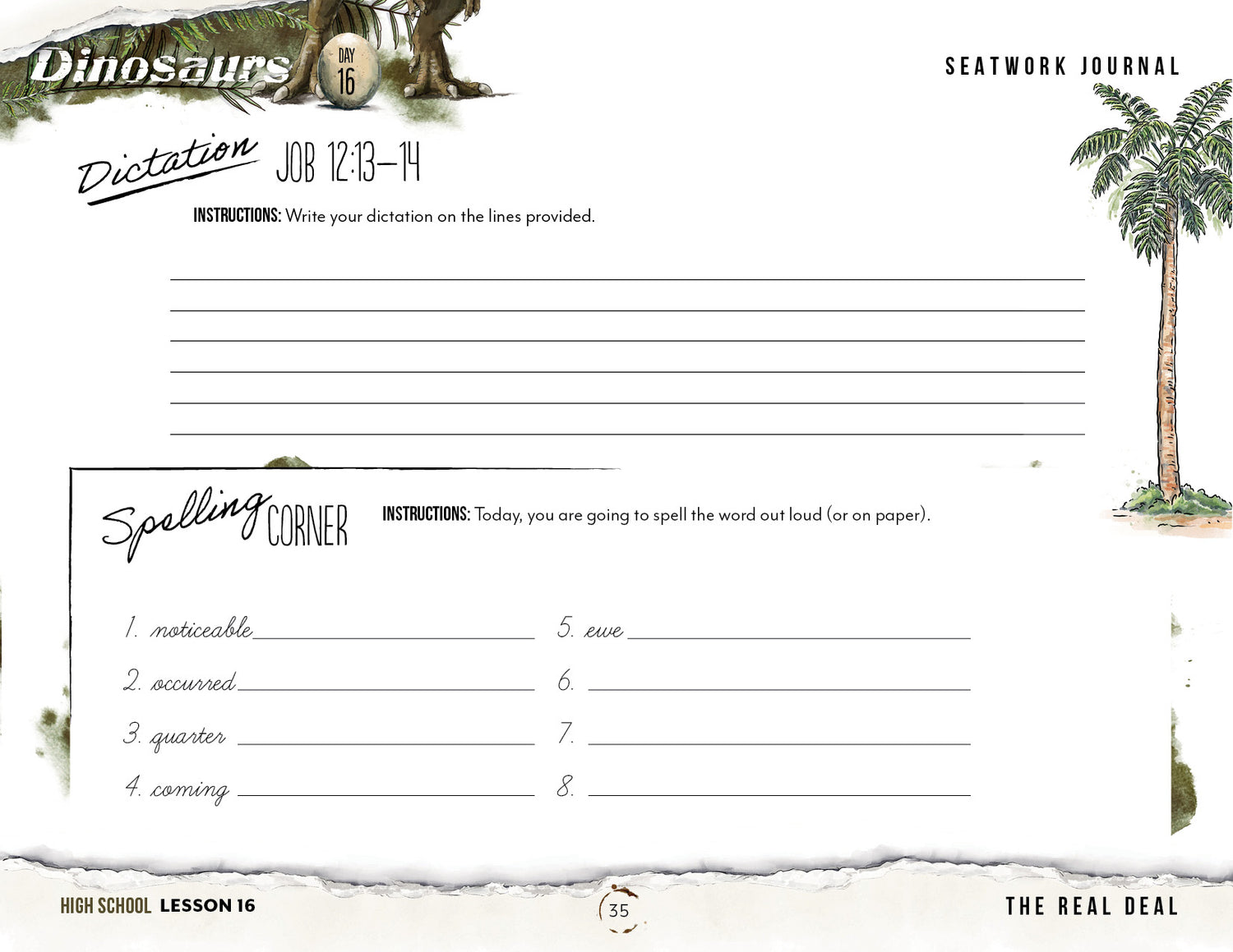 Dinosaurs Homeschool Unit Study Printed Seatwork Journal Cursive High School Lesson 16 Dictation and Spelling