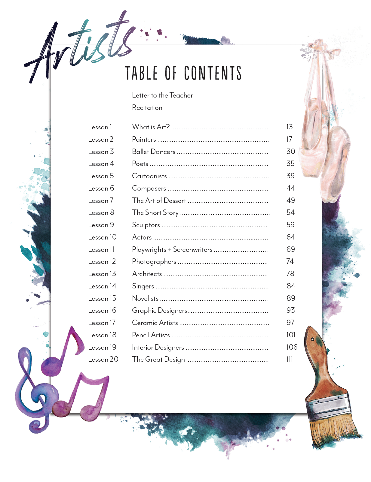 Artist Homeschool Unit Study Printed Teacher's Guide Table of Contents