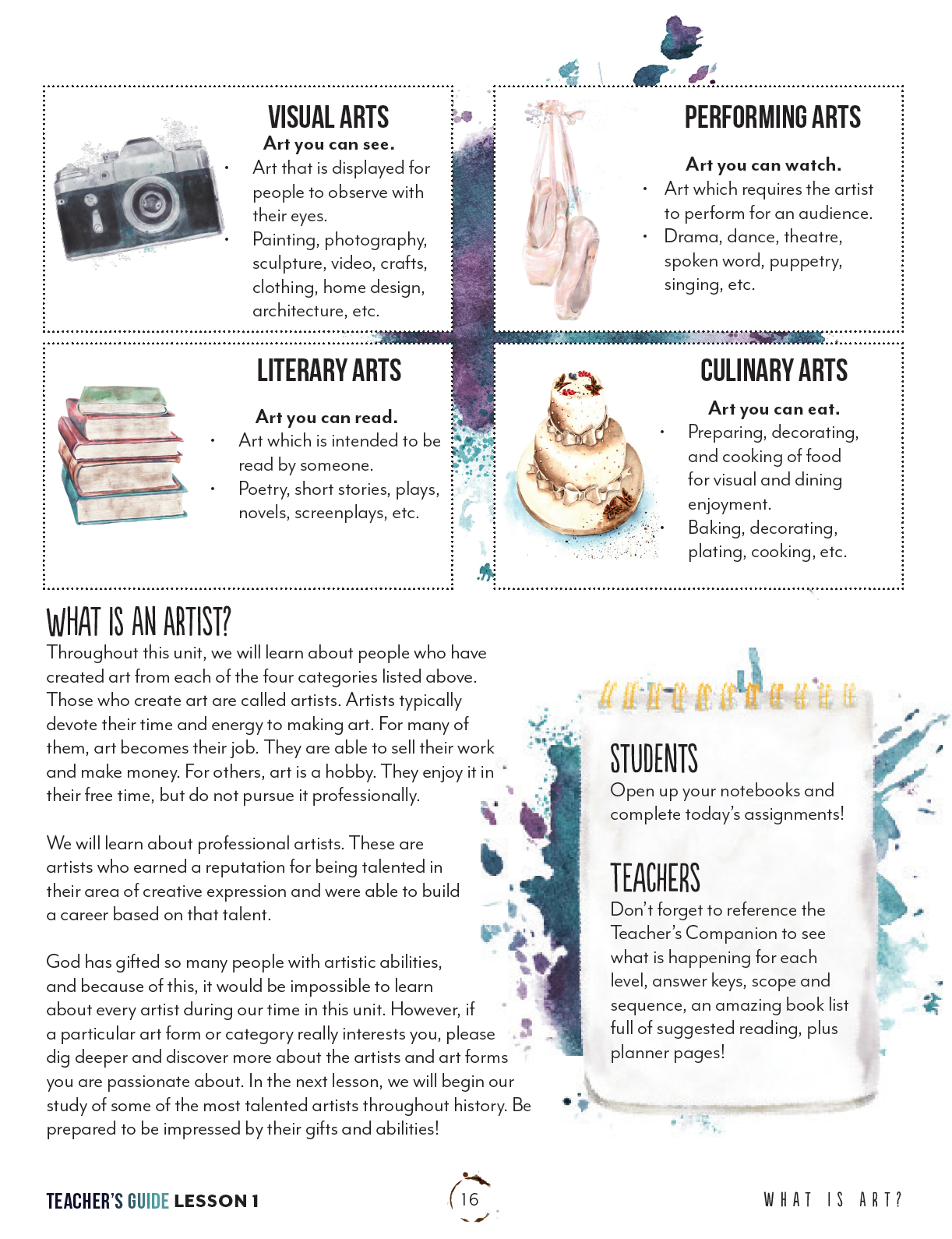 Artist Homeschool Unit Study Printed Teacher's Guide Lesson 1 What is art?