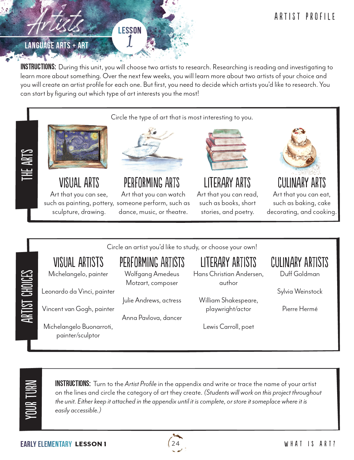 Artist Homeschool Unit Study Early Elementary Student Book Lesson 1 Page